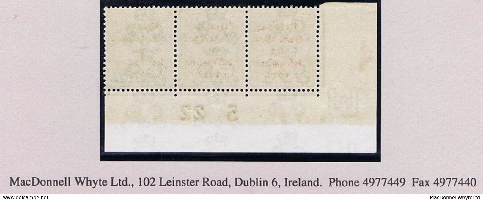 Ireland 1922 Thom Rialtas Ovpt In Red On 9d Agate Control S22 Imperf Corner Strip Of 3 Mint Stamps Unmounted - Unused Stamps