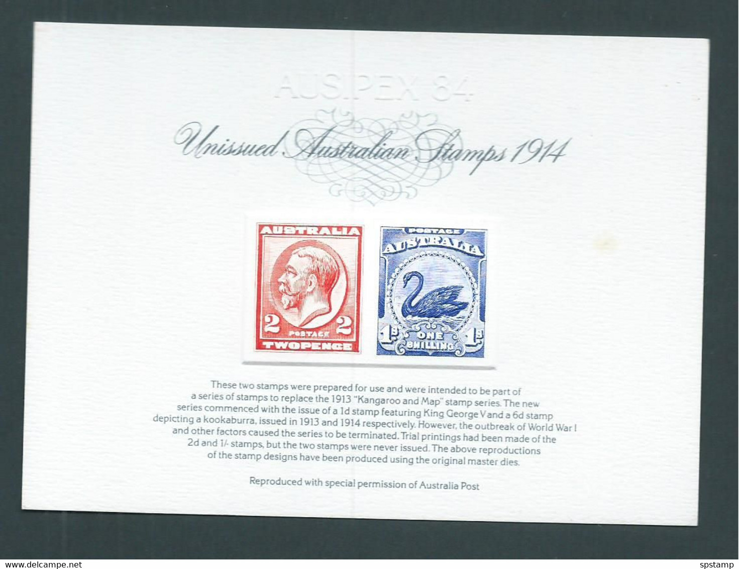 Australia 1984 Unissued KGV & Swan 1913 Designs Proof Reprints On Official APO Replica Card 1 , Stain - Ensayos & Reimpresiones