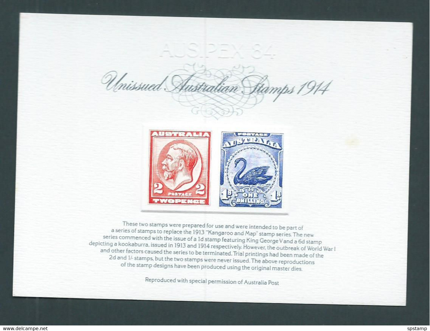 Australia 1984 Unissued KGV & Swan 1913 Designs Proof Reprints On Official APO Replica Card 1 , Stain - Essais & Réimpressions