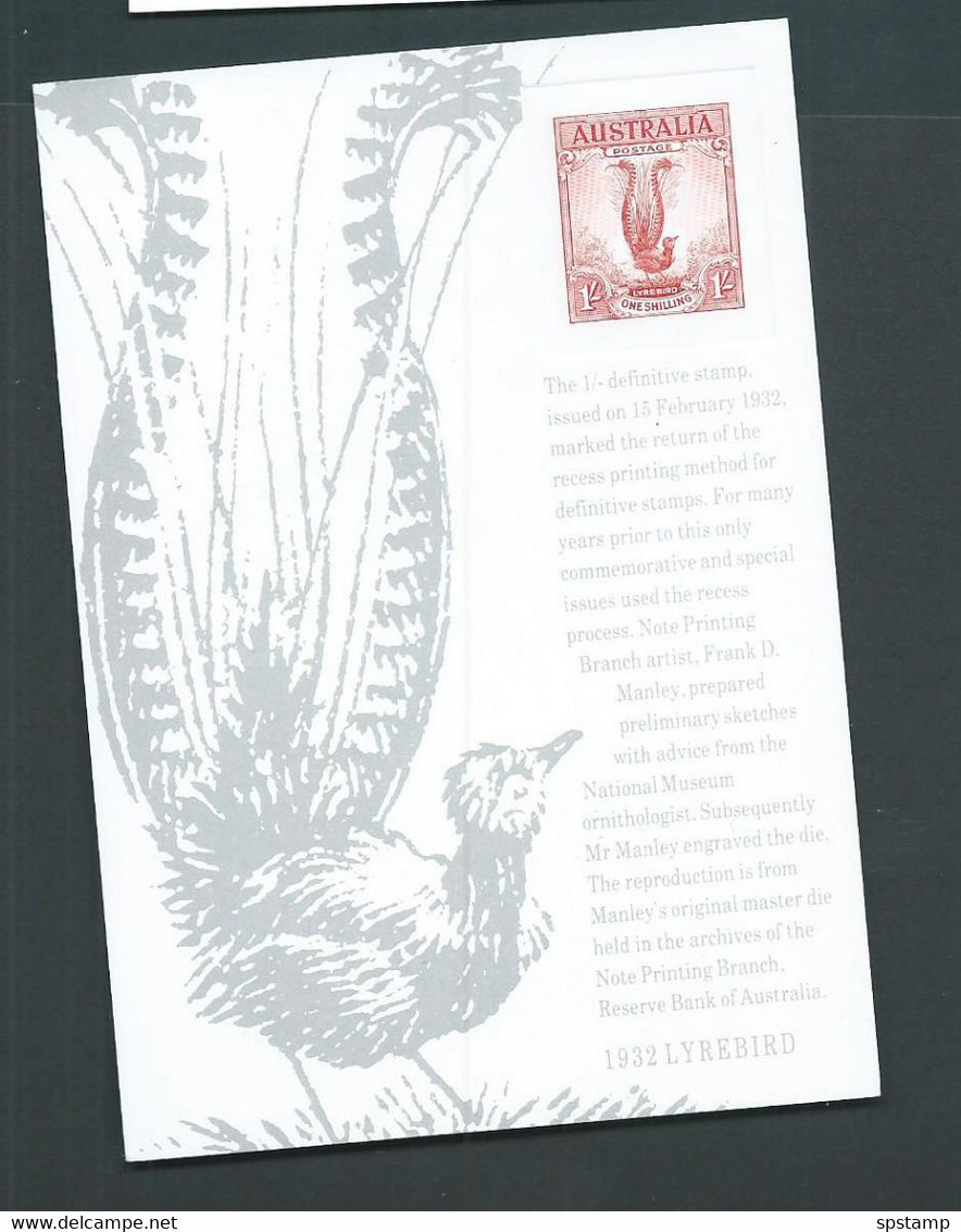 Australia 1991 One Shilling Large Lyre Bird 1932 Issue Proof Reprint On Official APO Replica Card 20 , Verso Stain - Proofs & Reprints