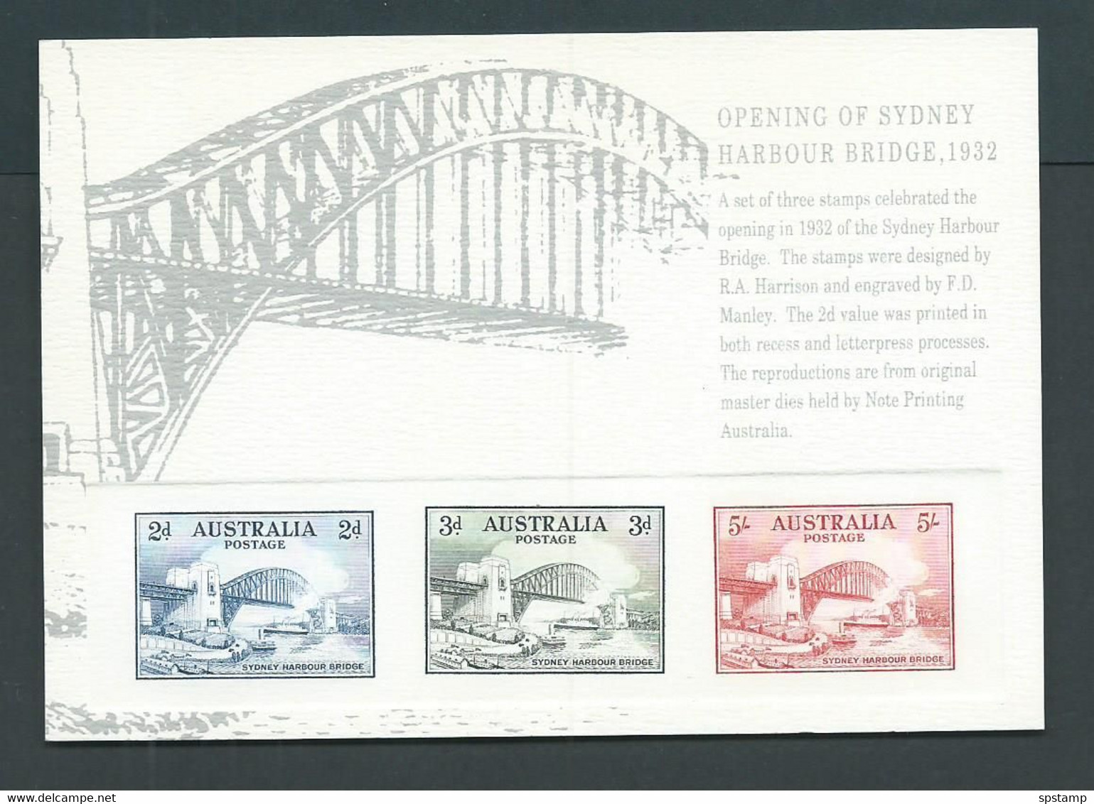 Australia 1991 Sydney Harbour Bridge 1932 Issue Proof Reprint On Official APO Replica Card 23 - Essais & Réimpressions