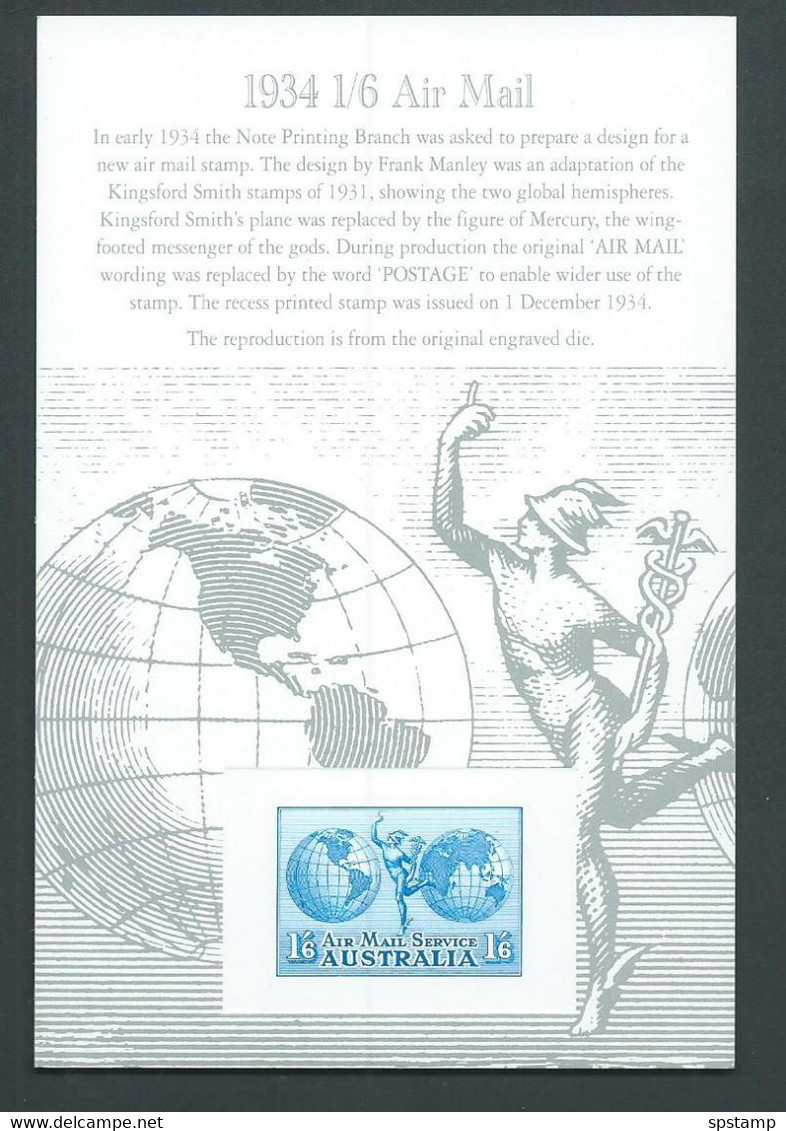 Australia 1994 Mercury & Globe Airmail Issued 1934 Proof Reprint On Official APO Replica Card 33 - Ensayos & Reimpresiones