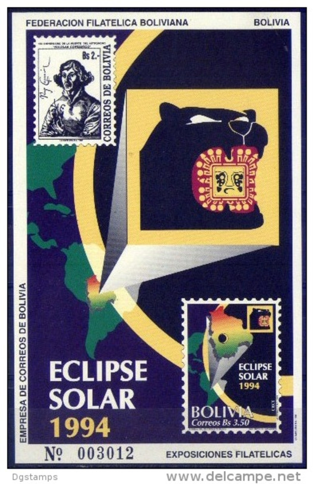 Bolivia 1994 CEFIBOL 1534 ** HB Eclipse Solar. Alegoría Del Eclipse. Mapa, Pantera, - Bolivia