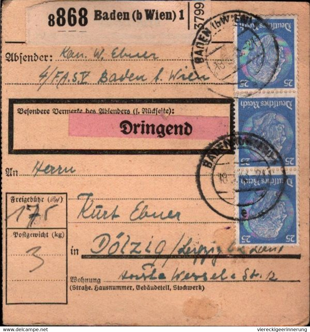 ! 1943 Baden Bei Wien Nach Dölzig, Paketkarte, Deutsches Reich, 3. Reich - Cartas & Documentos