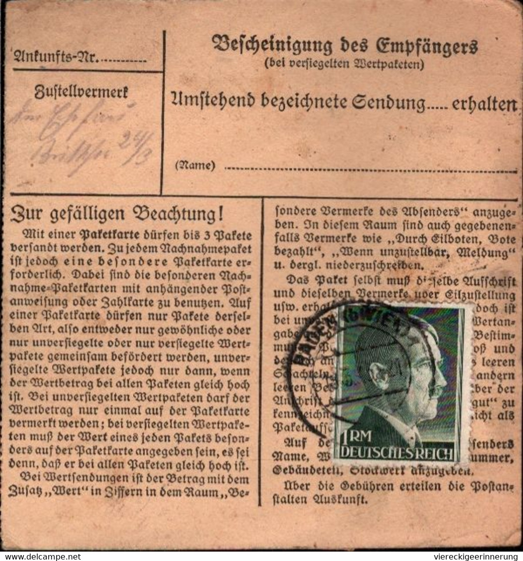 ! 1943 Baden Bei Wien Nach Dölzig, Paketkarte, Deutsches Reich, 3. Reich - Cartas & Documentos