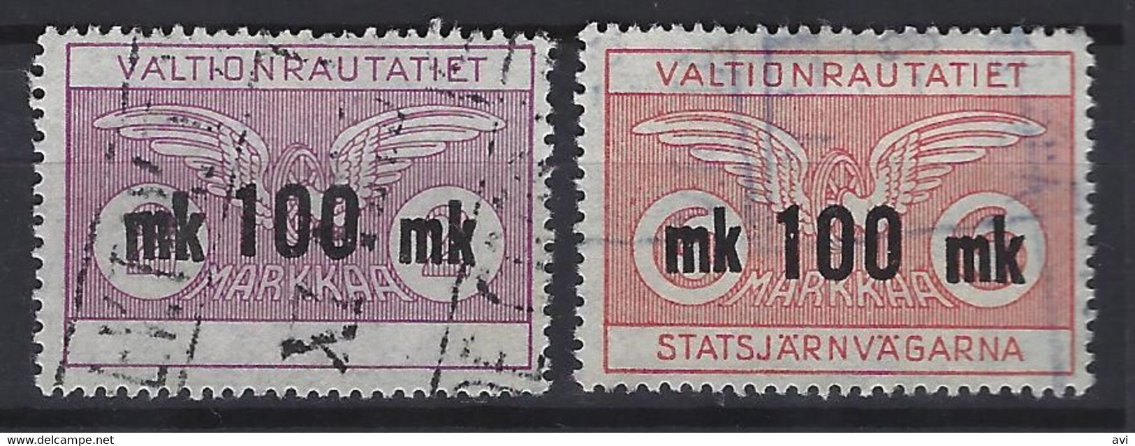 Finland Railway State Railways 2 Overprinted 100Mk Stamps Used. - Postpaketten