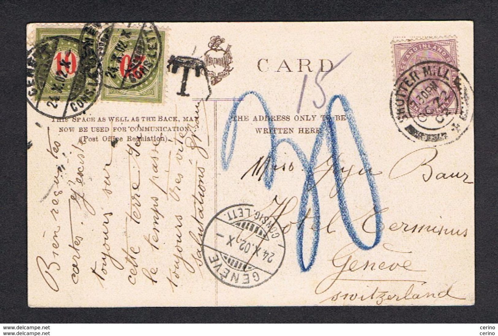 GREAT  BRITAIN:  VICTORIA  ONE  PENNY  ON  POSTCARD  TO  SWITZERLAND  -  TAXED  IN  ARRIVAL  -  FP - Storia Postale