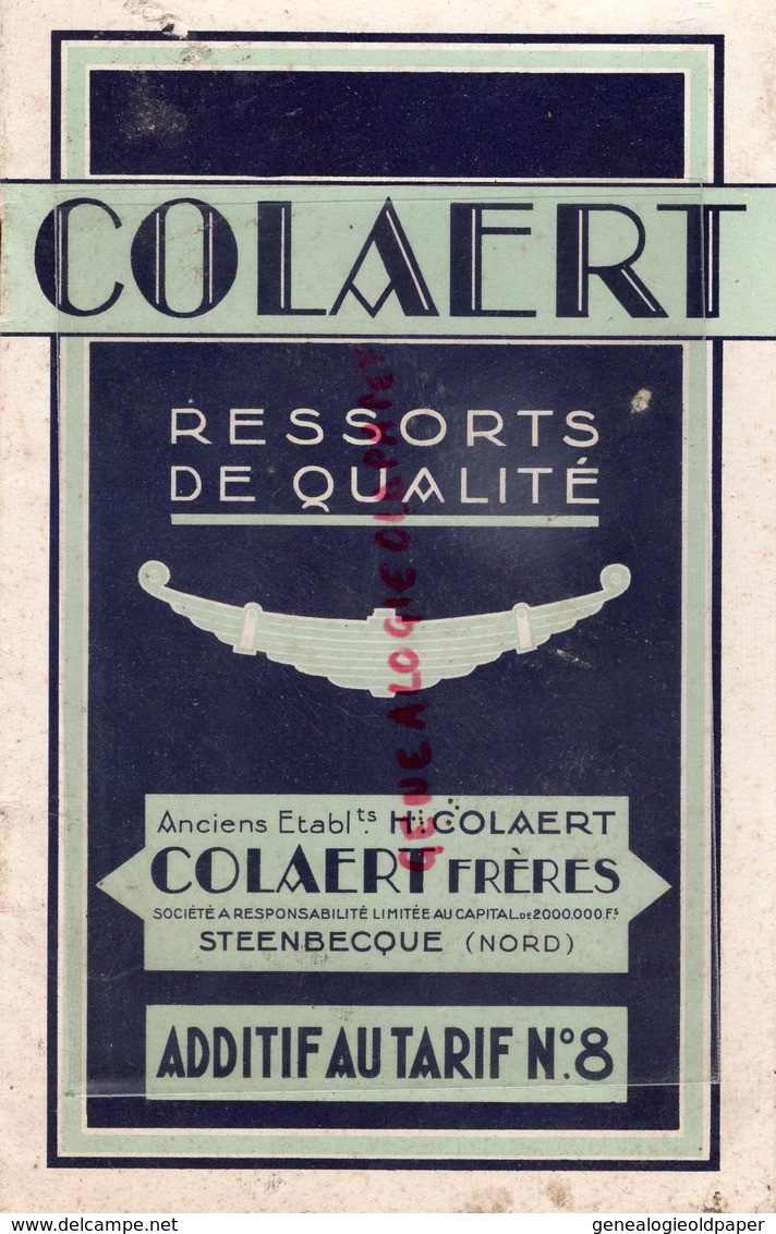 59- STEENBECQUE-27- GAILLON AUBEVOYE-LEVALLOIS PERRET RARE CATALOGUE COLAERT -ADDITIF TARIF N° 8- RESSORTS AUTOMOBILES- - Automobile