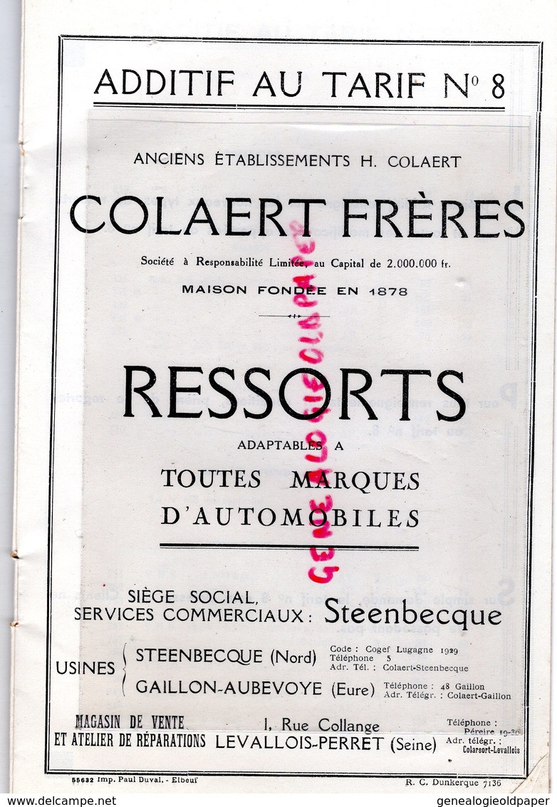 59- STEENBECQUE-27- GAILLON AUBEVOYE-LEVALLOIS PERRET RARE CATALOGUE COLAERT -ADDITIF TARIF N° 8- RESSORTS AUTOMOBILES- - Automobile