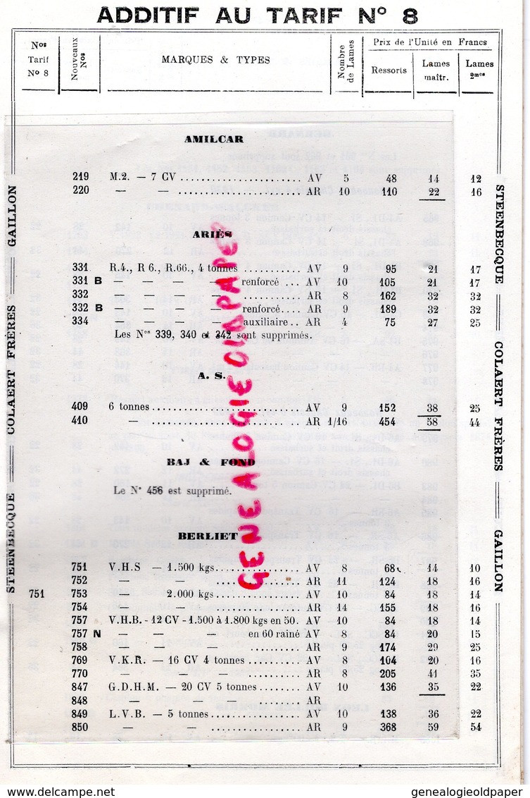 59- STEENBECQUE-27- GAILLON AUBEVOYE-LEVALLOIS PERRET RARE CATALOGUE COLAERT -ADDITIF TARIF N° 8- RESSORTS AUTOMOBILES- - Automobil