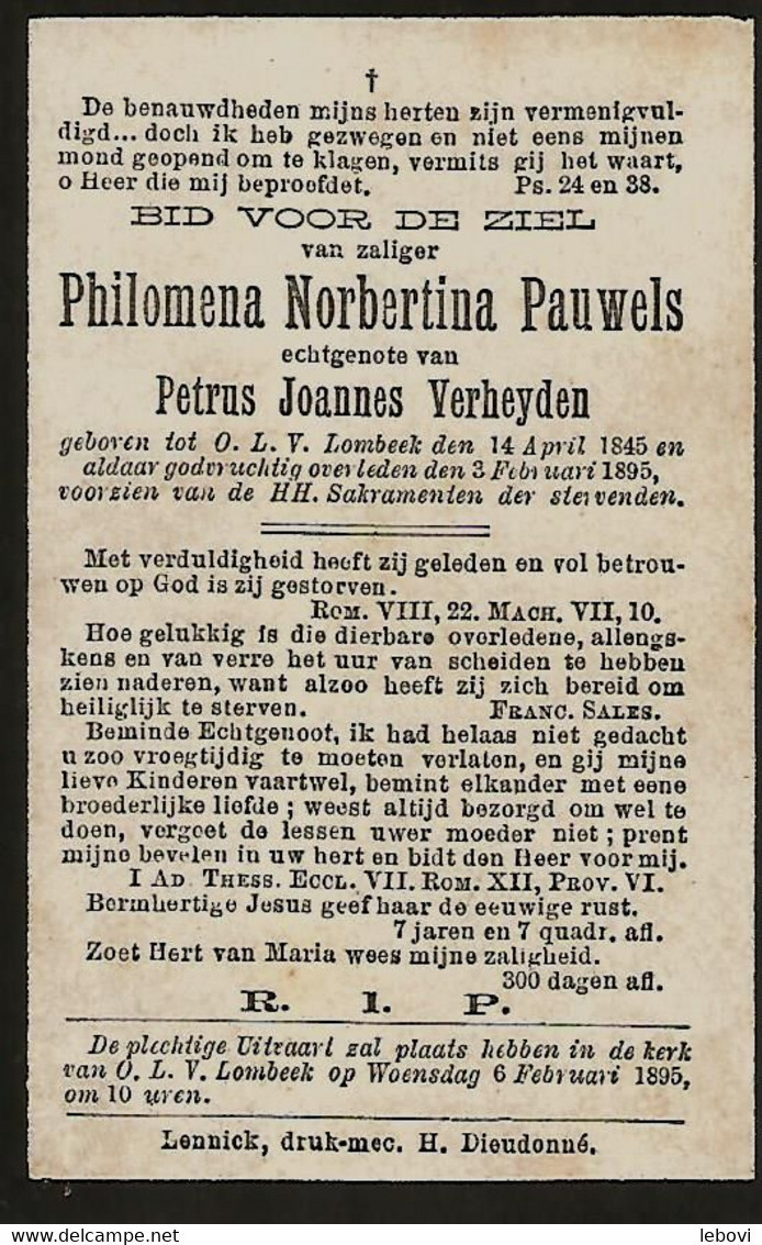 Souvenir Mortuaire PAUWELS Philomena (1845-1895) Echtg. VERHEYDEN, P. Geboren En Overleden Te ONZE-LIEVE-VROUW-LOMBEEK - Andachtsbilder