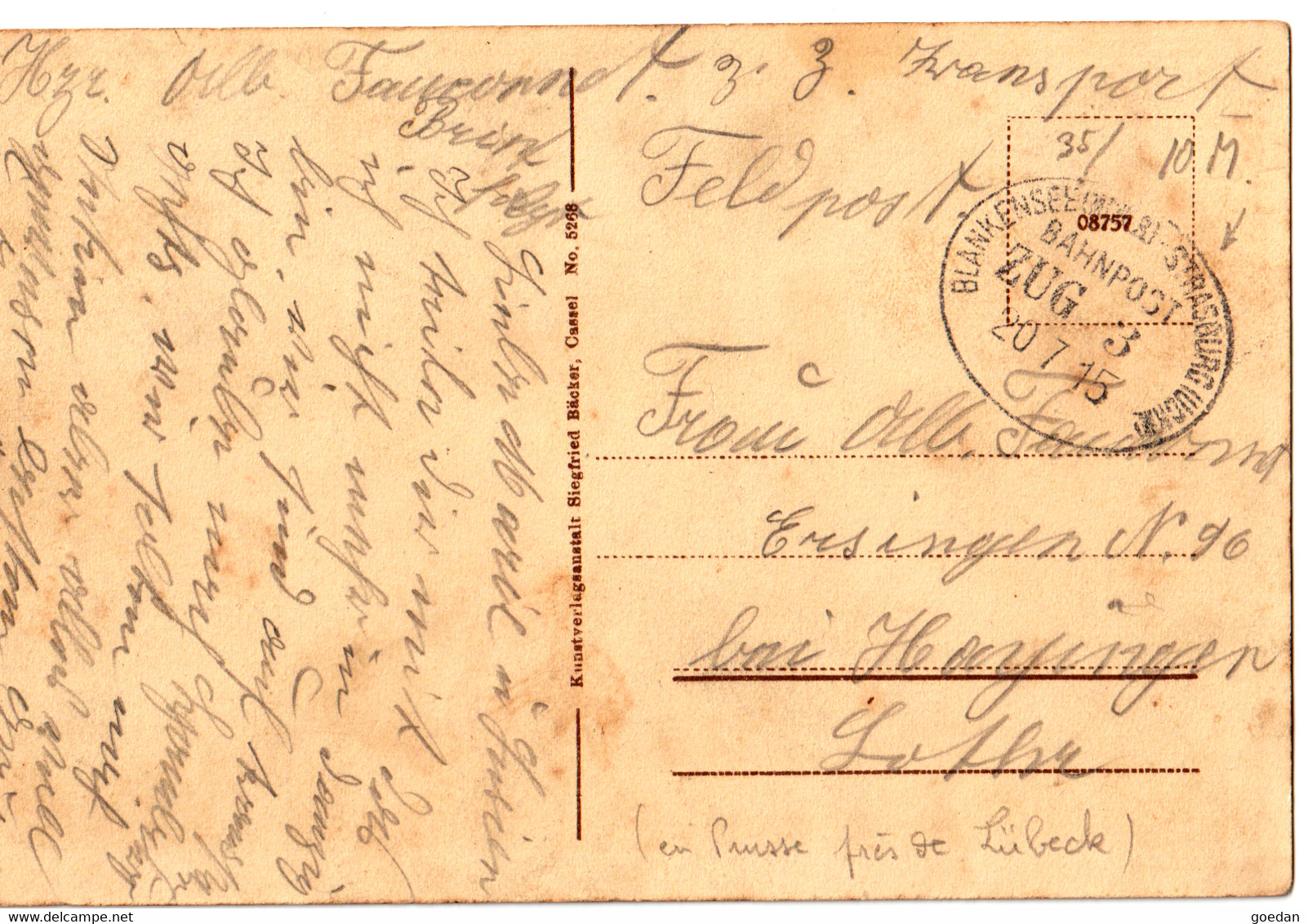 CACHET FERROVIAIRE BLANKENSEE - STRASBOURG  BAHNPOST - ZUG 3,  20.7.15, Au  Recto Château De KONIGSBERG Prusse - Prefilatelia