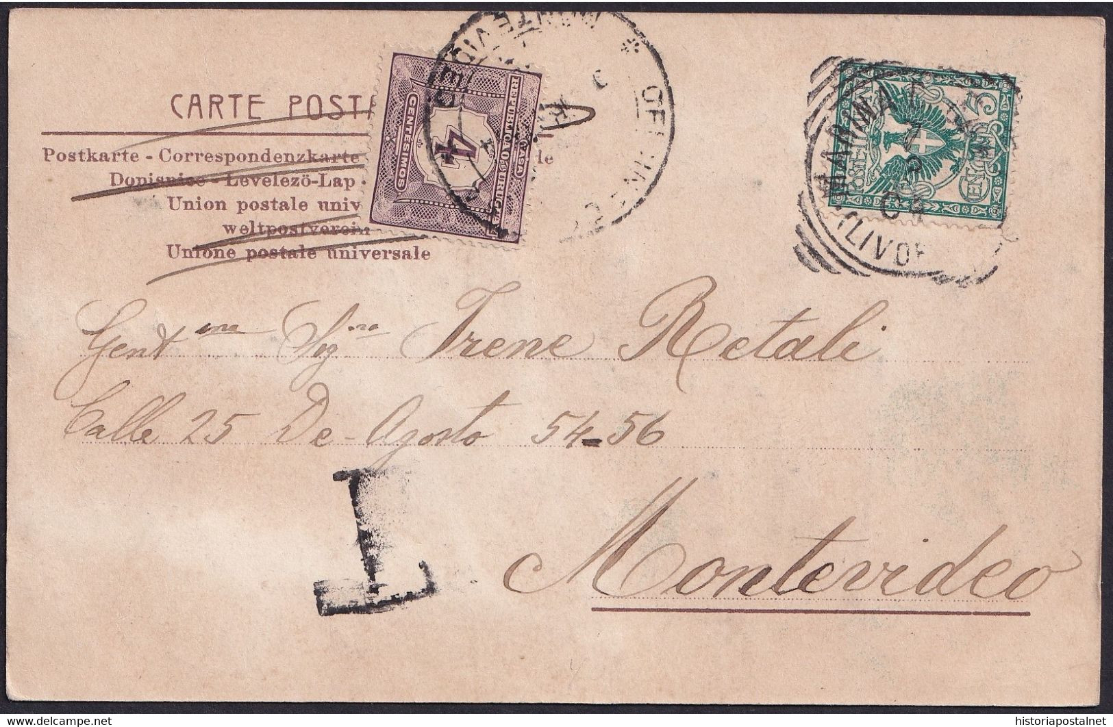 1904. LIVORNO A MONTEVIDEO. TARJETA POSTAL 5 CTS. LIRA VERDE MAT. FECHADOR. SELLO DE TASA 4 CENTÉSIMOS. BONITA. - Uruguay