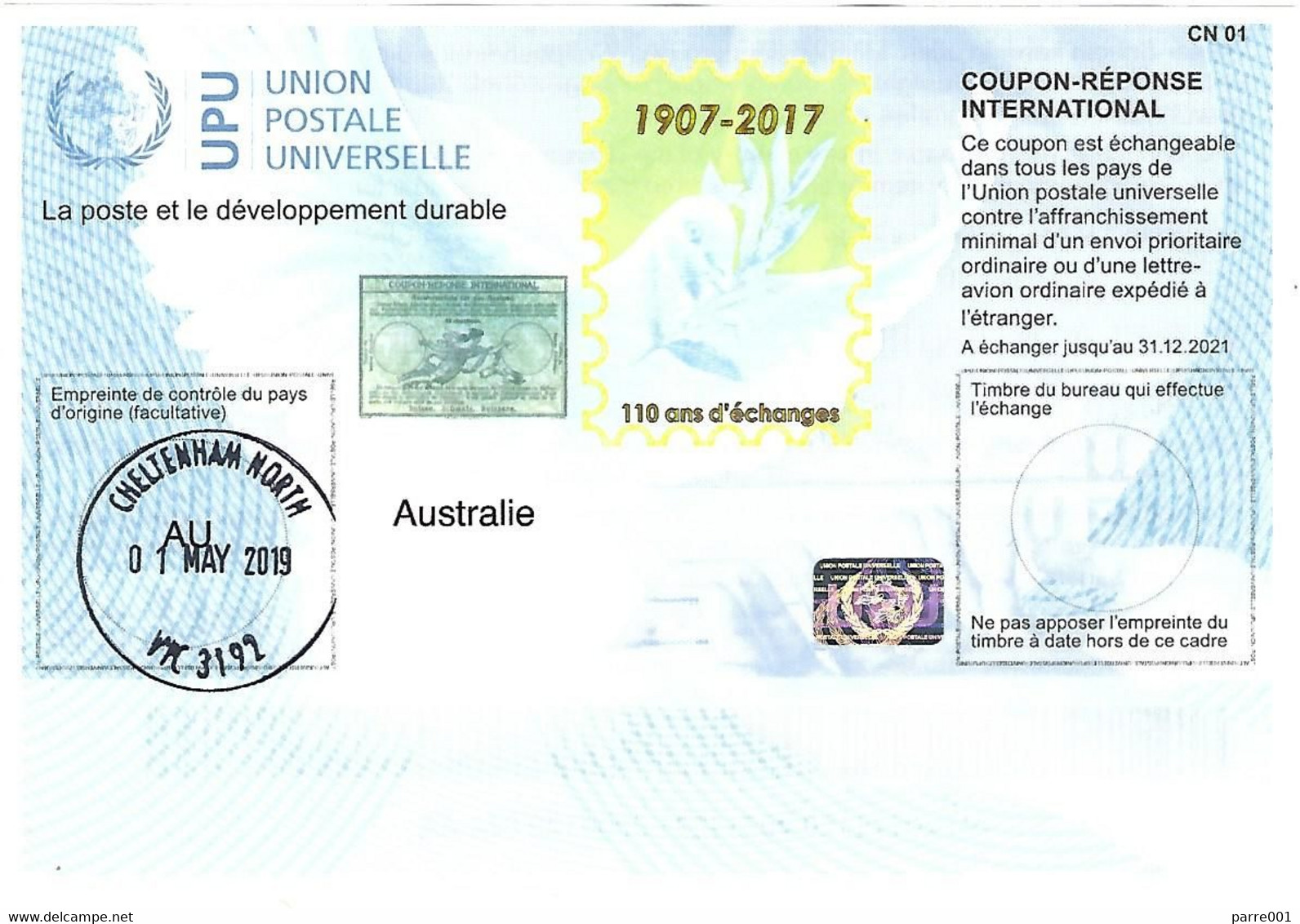 Australia 2019 Cheltenham Reply Coupon Reponse 110 Ans D'échanges Hologram Type T37 IRC IAS - Covers & Documents