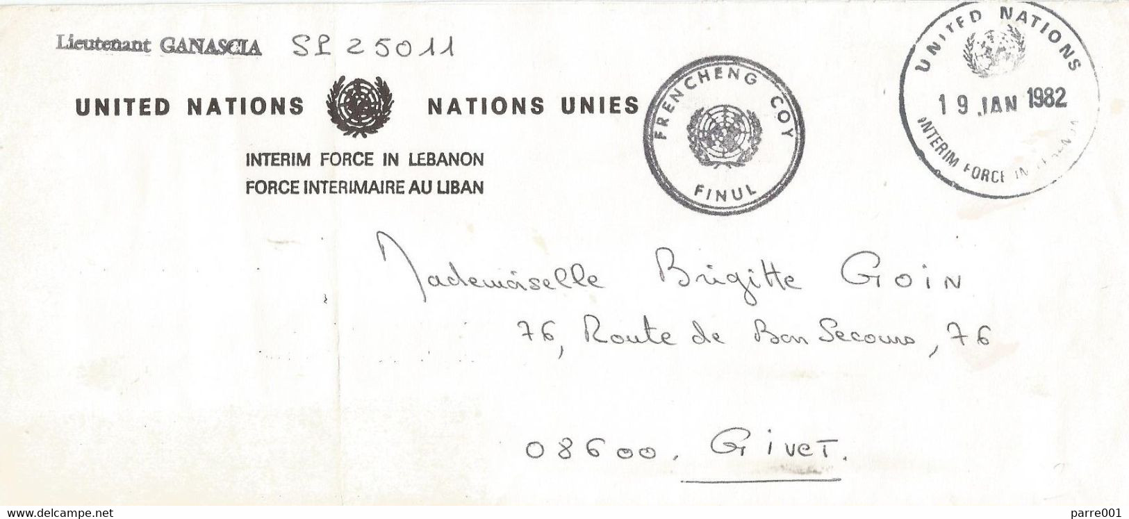 France 1982 Naqoura UNIFIL FINUL Lebanon Liban SP 25011 Engineer Coy Military Force Registered Cover - Militaria