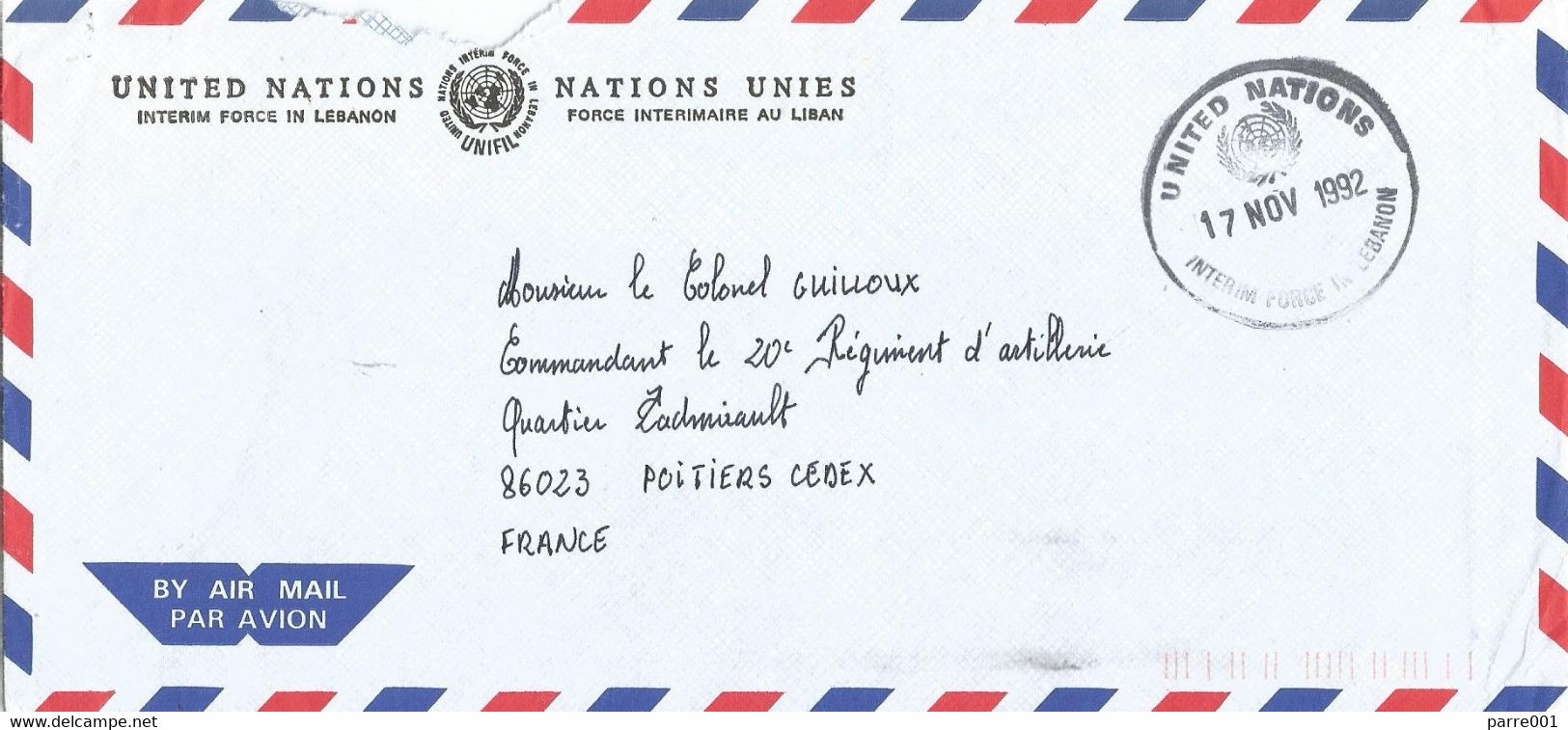 France 1992 Naqoura UNIFIL FINUL Lebanon Liban Red SP 25010 Military Force Official Cover - Militaria