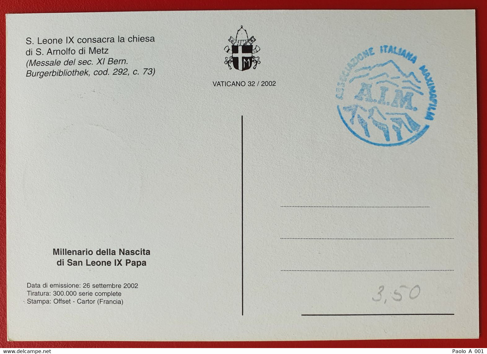 VATICANO VATIKAN VATICAN 2002 POPE LEO IX CHURCH ARNULF OF METZ FD MAXIMUM CARD BURGERBIBLIOTHEK BERN - Covers & Documents