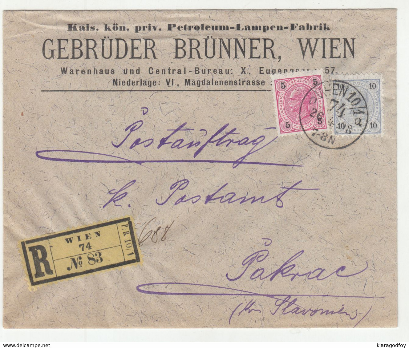 Gebrüder Brünner Company Letter Cover Registered Posted 1898 Wien To Pakrac B201001 - Cartas & Documentos