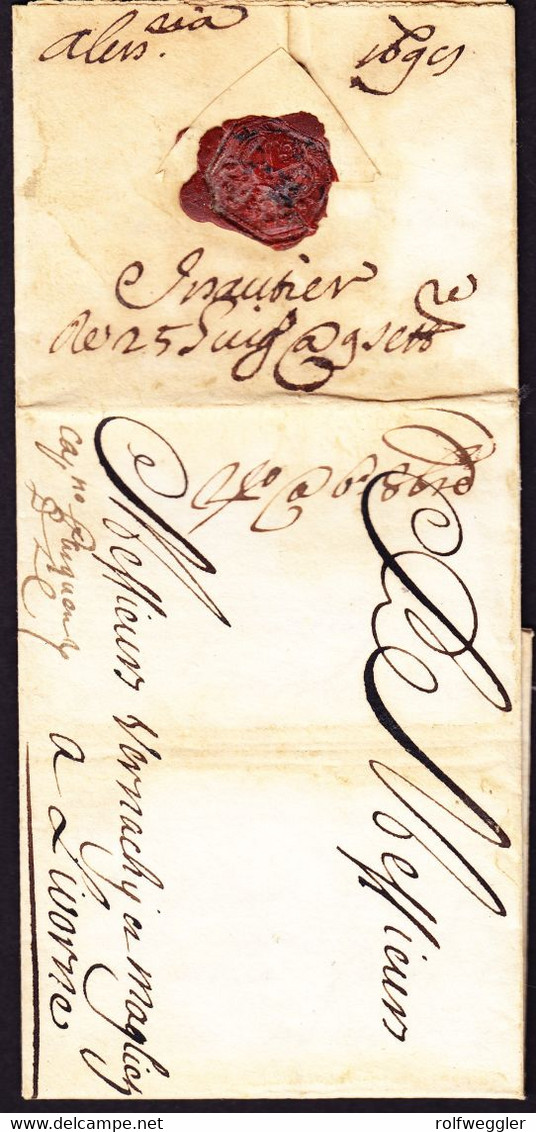 1698 Vollständiger Faltbrief Aus Alexandria Nach Livorno. Links Unten Capn. Paiquen Mit Notierung Ablieferungs- - Prephilately