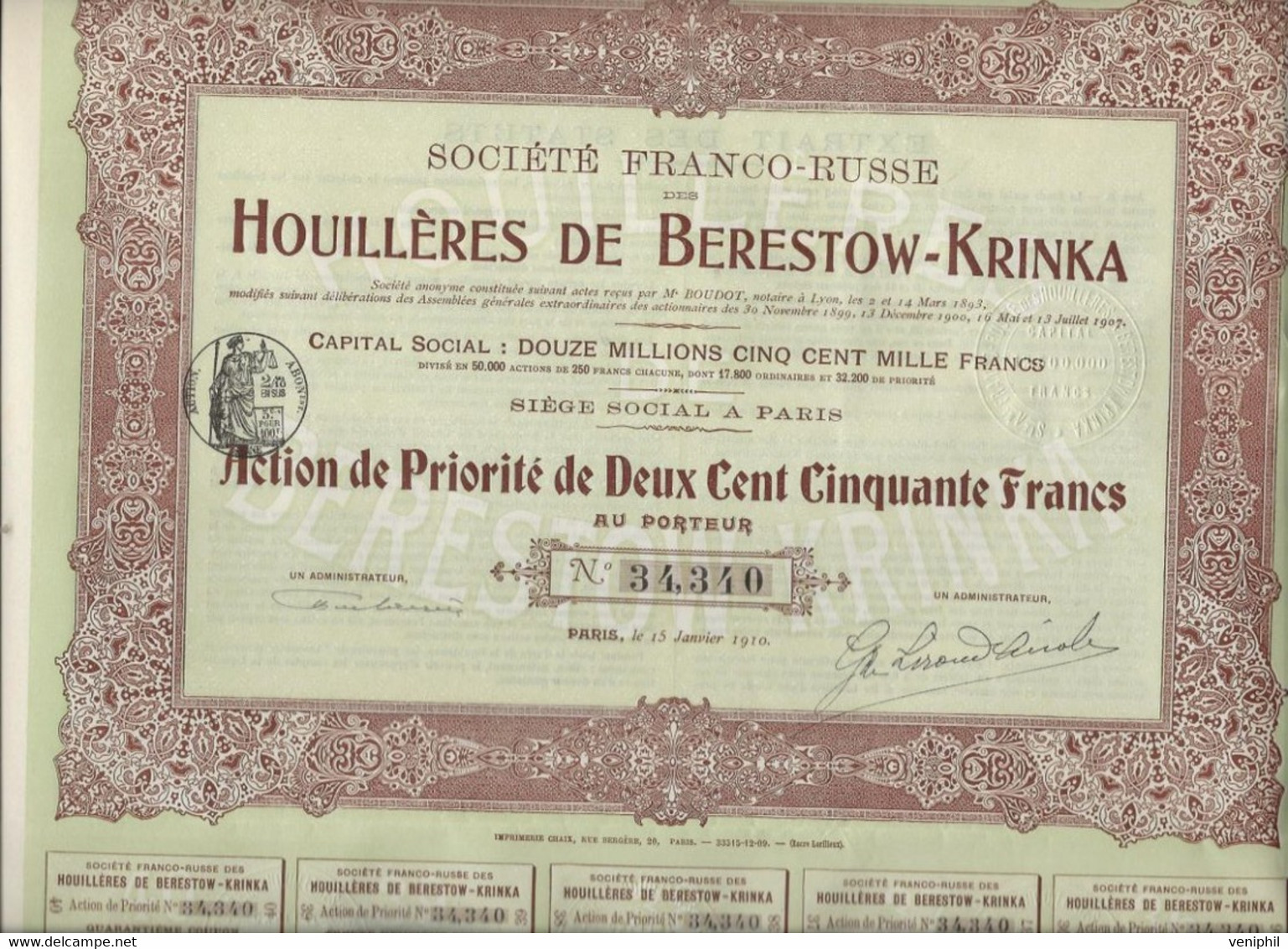 ACTION DE 250 FRS-SOCIETE FRANCO - RUSSE HOUILLERES DE BERESTOW - KRINKA -ANNEE 1910 - Mines