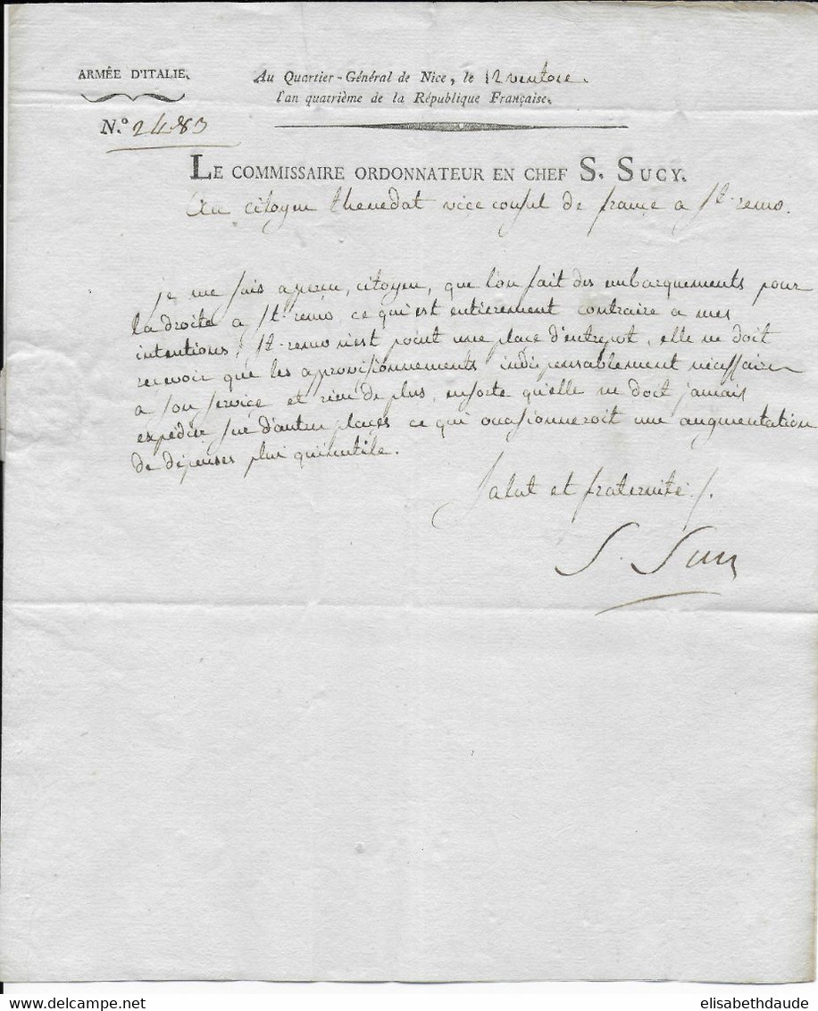 AN 4 - ARMEE D'ITALIE - LETTRE AUTOGRAPHE IMPRIMEE Du COMMISSAIRE ORDONNATEUR En CHEF SUCY à NICE ! => SAN REMO - Army Postmarks (before 1900)