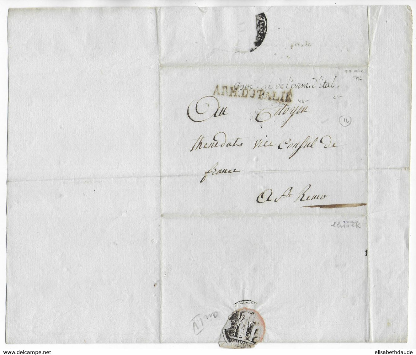 AN 4 - ARMEE D'ITALIE - LETTRE AUTOGRAPHE IMPRIMEE Du COMMISSAIRE ORDONNATEUR En CHEF SUCY à NICE ! => SAN REMO - Army Postmarks (before 1900)