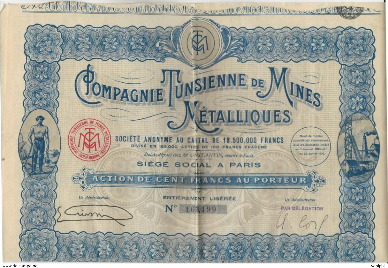 COMPAGNIE TUNISIENNE DE MINES METALLIQUES - ACTION DE CENT FRANCS -ANNEE 1932 - Bergbau