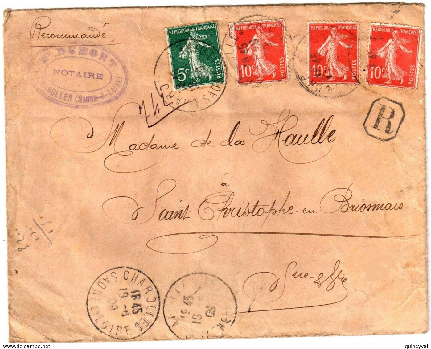 CHAROLLES Saône Et Loire Lettre Recommandée Semeuse 5c Vert 10c Yv 137 138 Ob 19 8 1909 Exp Notaire Dumont - Lettres & Documents