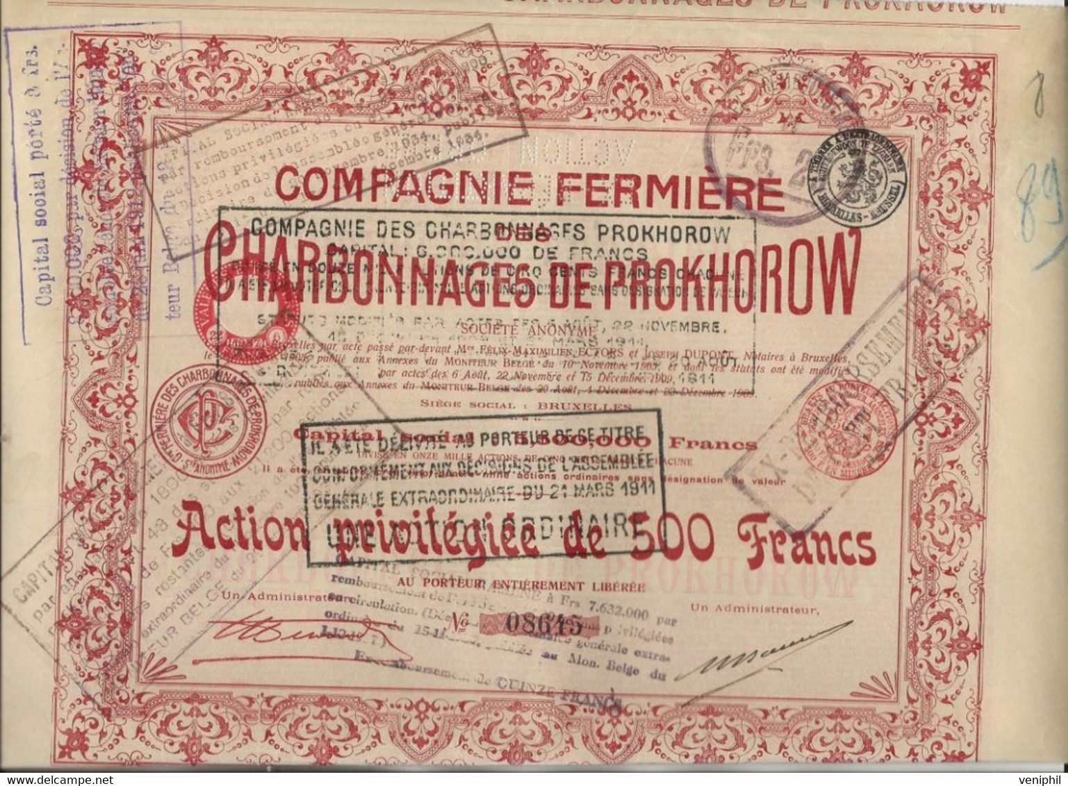 COMPAGNIE FERMIERE DES CHARBONNAGES DE PROKHOROW - ACTION DE 500 FRS -ANNEE 1911 - Bergbau