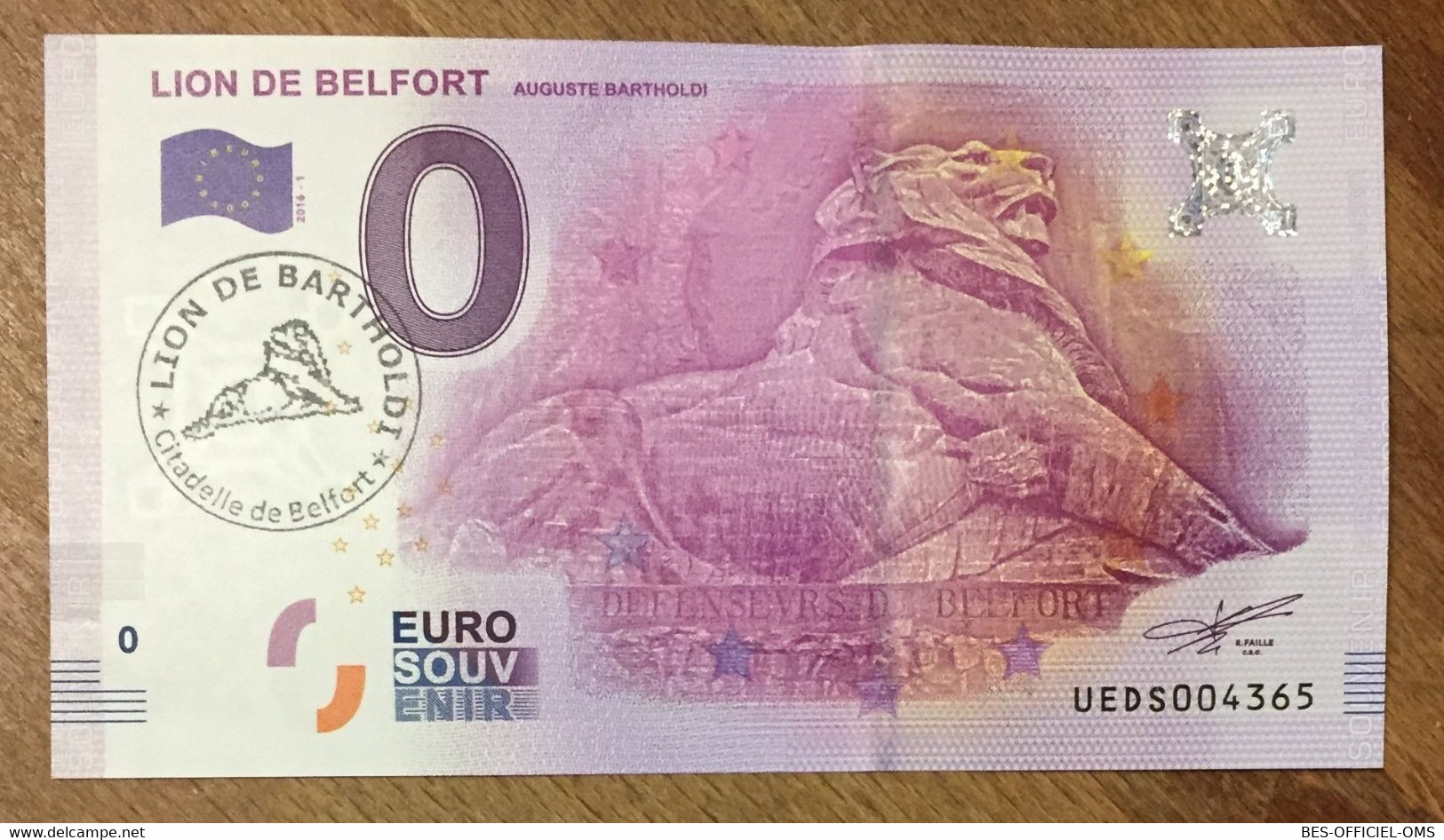 2016 BILLET 0 EURO SOUVENIR DPT 90 LION DE BELFORT + TAMPON ZERO 0 EURO SCHEIN BANKNOTE PAPER MONEY - Essais Privés / Non-officiels