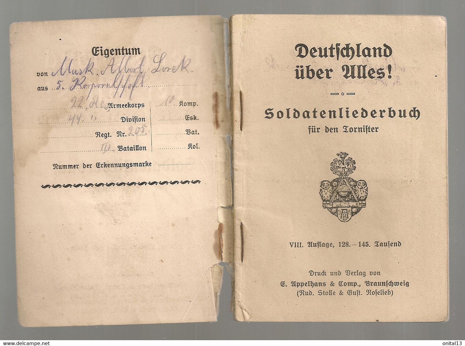 1915 Deutschland über Alles ! Soldatenliederbuch Für Den Tornister  / MILITARIA CHANTS ALLEMANDS C1271 - Duits