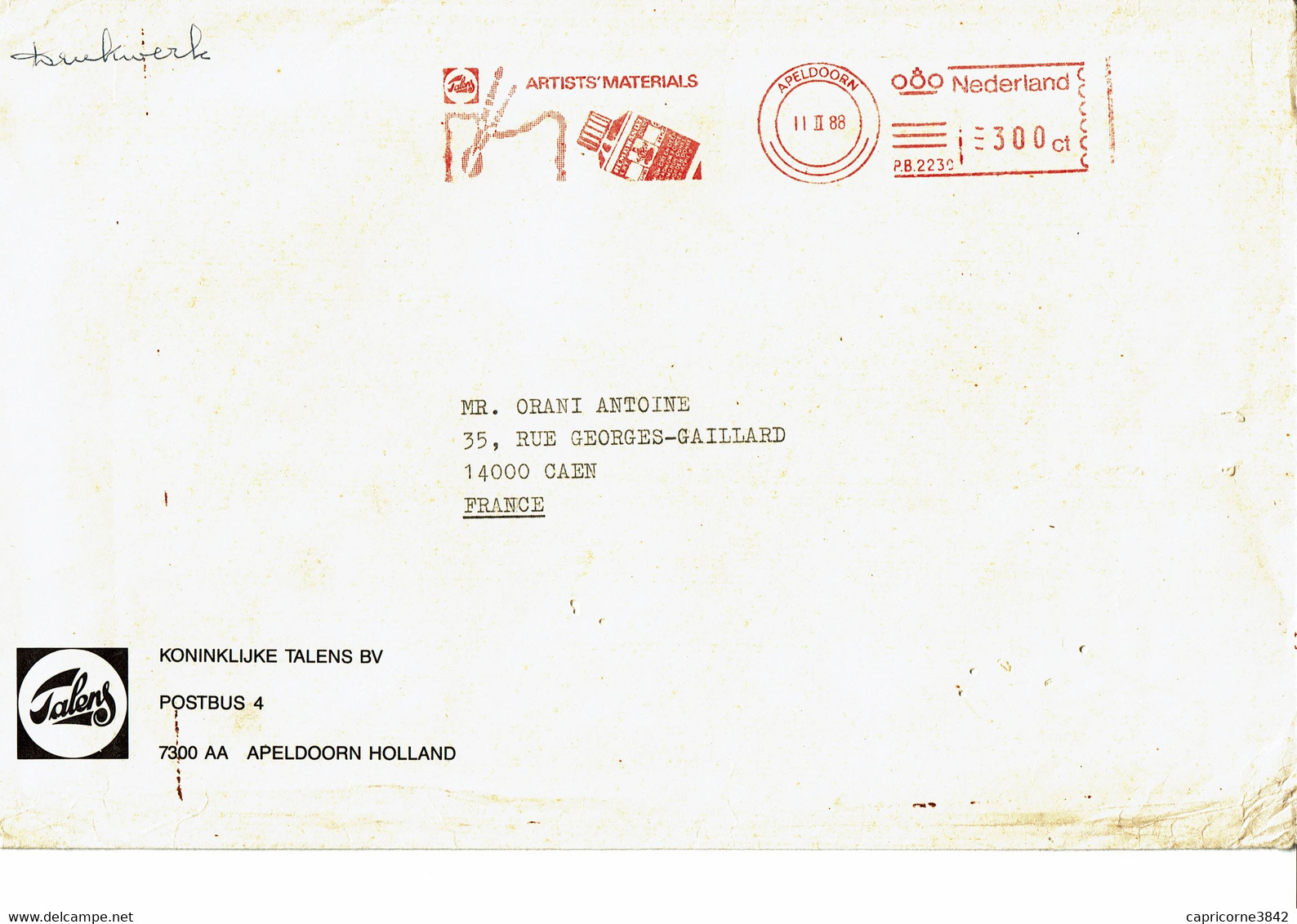 1988 - Lettre Pour La France- Empreinte Machine à Affranchir "TOLENS - ARTISTS' MATERIALS" - Frankeermachines (EMA)