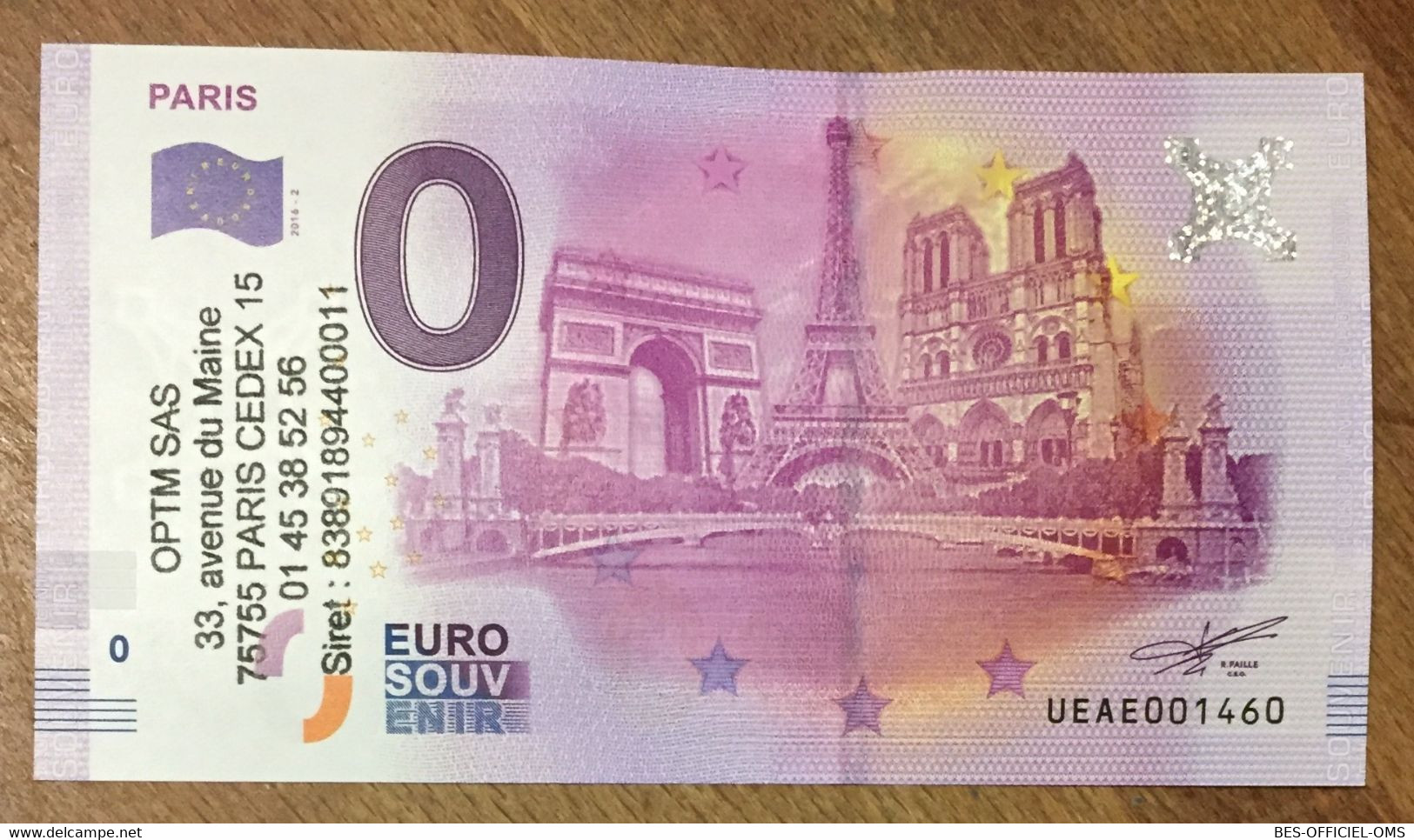 2016 BILLET 0 EURO SOUVENIR DPT 75 PARIS TOUR EIFFEL AU CENTRE + TAMPON ZERO 0 EURO SCHEIN BANKNOTE PAPER MONEY - Privatentwürfe