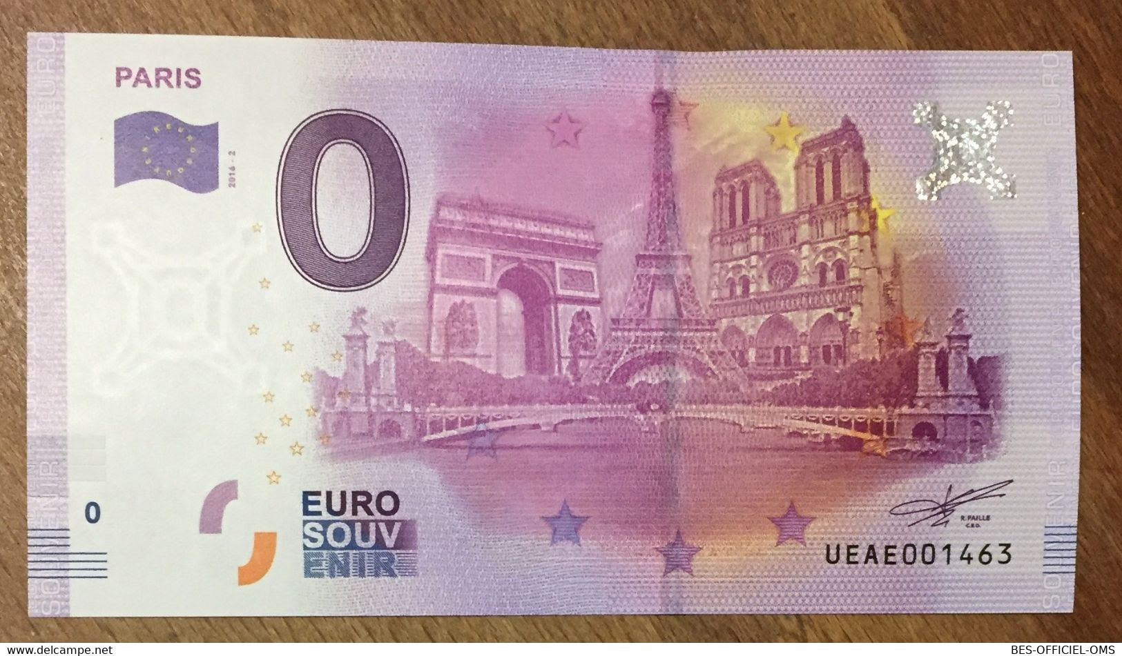 2016 BILLET 0 EURO SOUVENIR DPT 75 PARIS TOUR EIFFEL AU CENTRE ZERO 0 EURO SCHEIN BANKNOTE PAPER MONEY - Essais Privés / Non-officiels