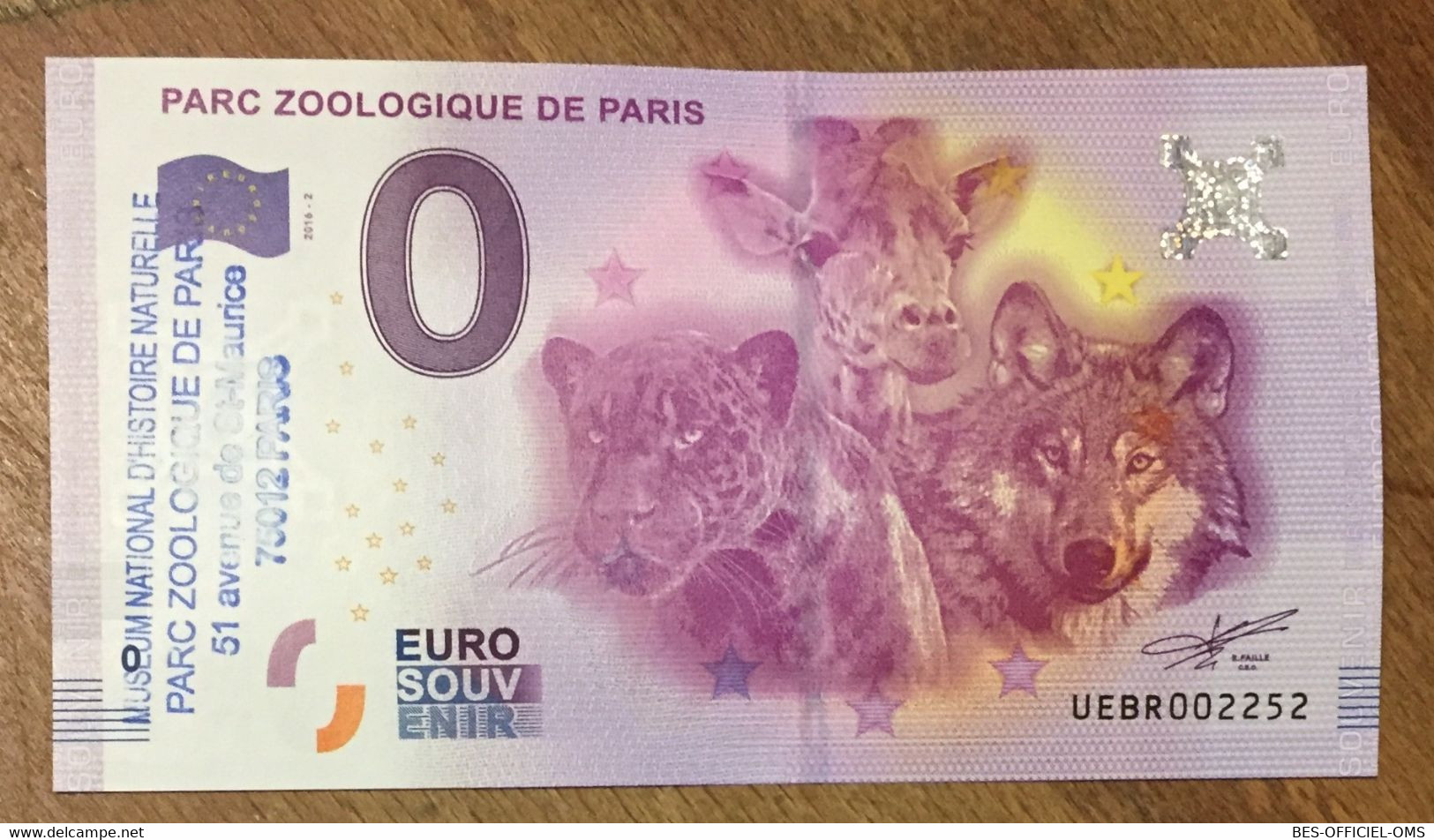 2016 BILLET 0 EURO SOUVENIR DPT 75 PARC ZOOLOGIQUE DE PARIS + TAMPON ZERO 0 EURO SCHEIN BANKNOTE PAPER MONEY - Private Proofs / Unofficial