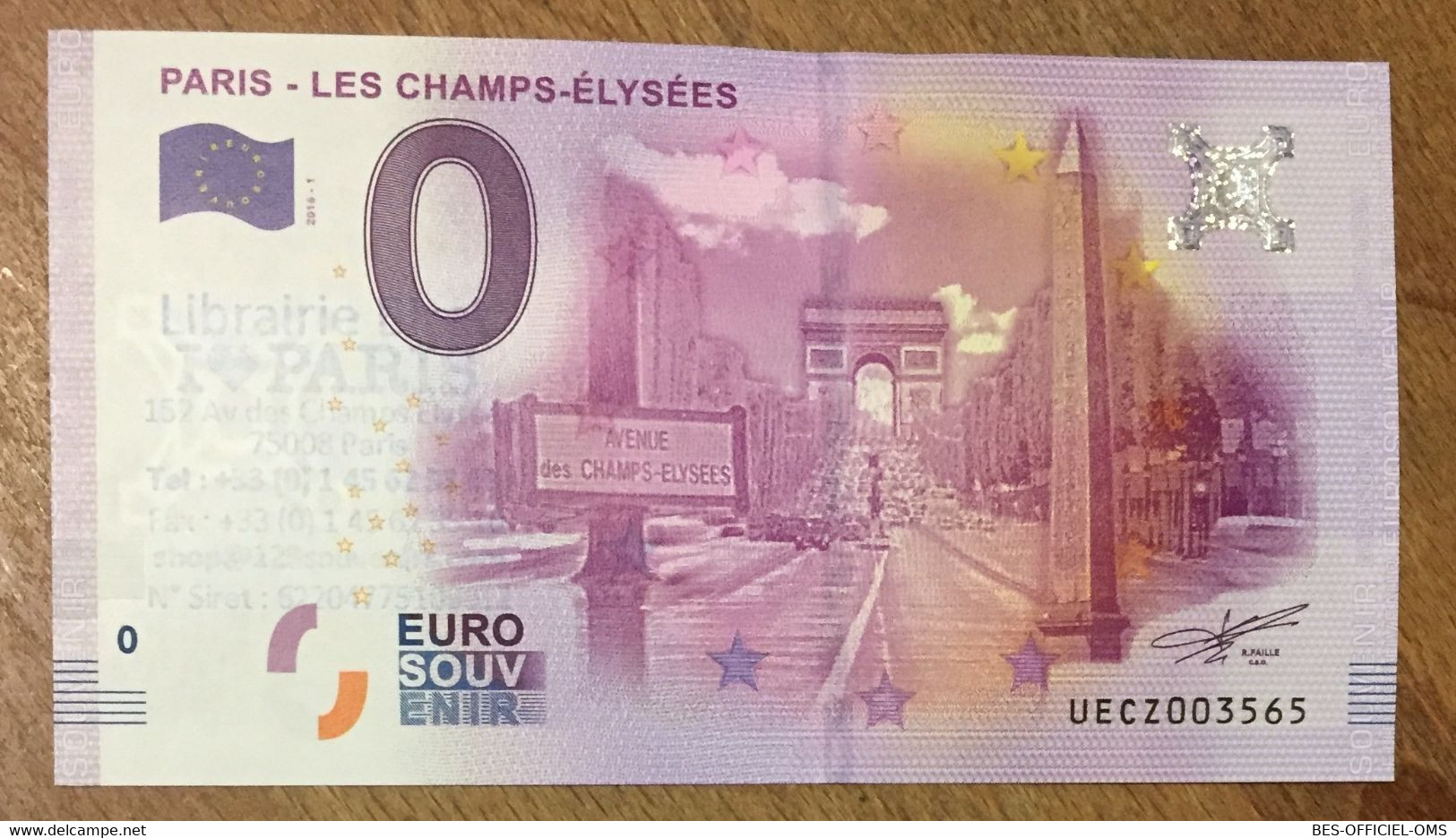 2016 BILLET 0 EURO SOUVENIR DPT 75 PARIS - LES CHAMPS ÉLYSÉES + TAMPON ZERO 0 EURO SCHEIN BANKNOTE PAPER MONEY - Private Proofs / Unofficial