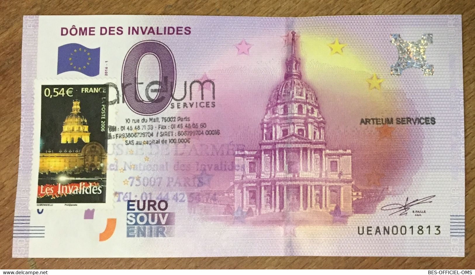 2016 BILLET 0 EURO SOUVENIR DPT 75 DÔME DES INVALIDES + TIMBRE ZERO 0 EURO SCHEIN BANKNOTE PAPER MONEY - Private Proofs / Unofficial
