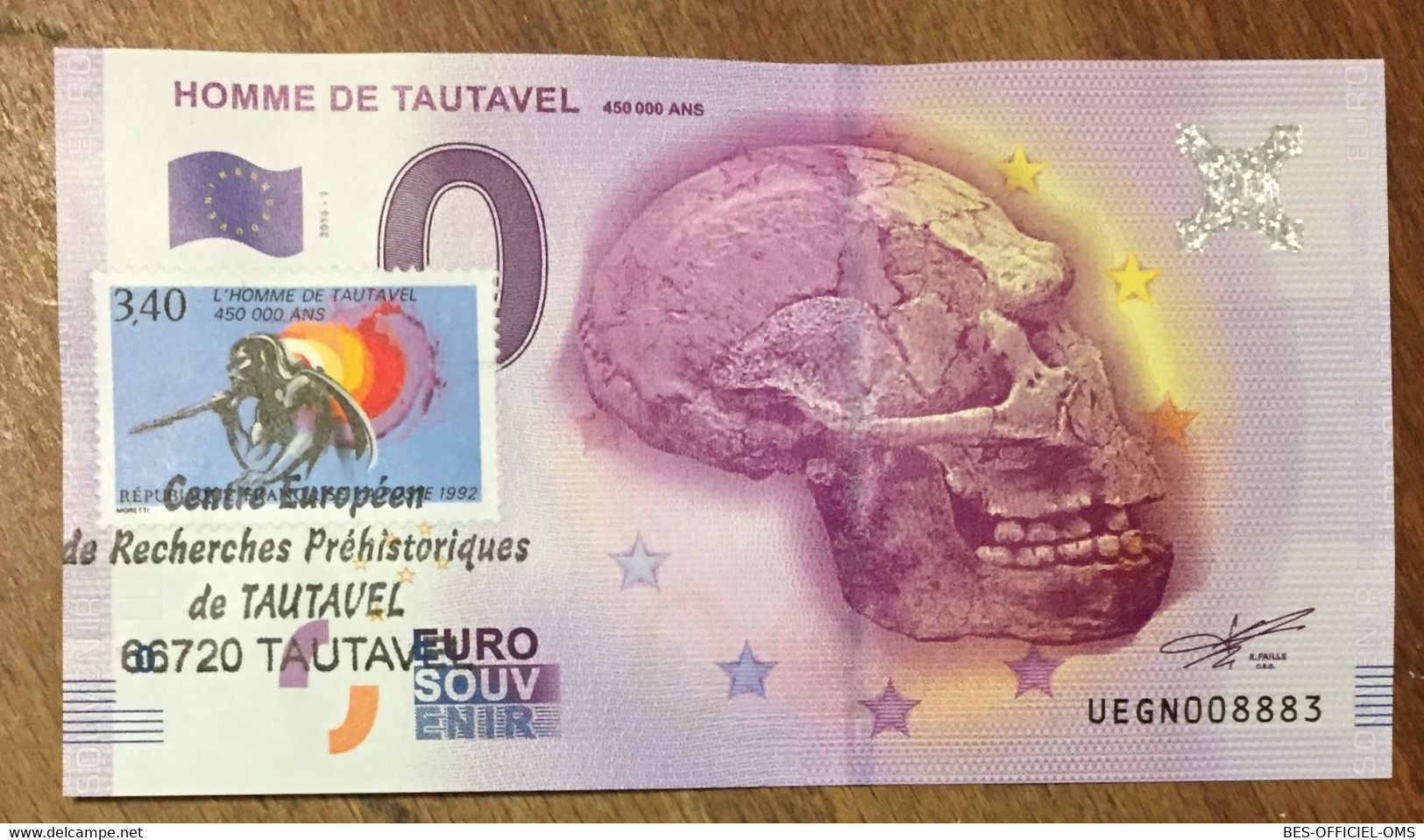 2016 BILLET 0 EURO SOUVENIR DPT 66 HOMME DE TAUTAVEL + TIMBRE ZERO 0 EURO SCHEIN BANKNOTE PAPER MONEY - Privatentwürfe