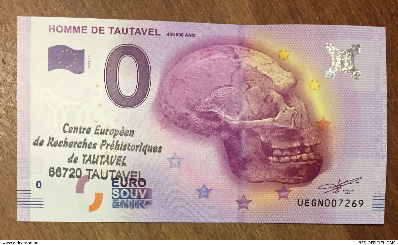 2016 BILLET 0 EURO SOUVENIR DPT 66 HOMME DE TAUTAVEL + TAMPON ZERO 0 EURO SCHEIN BANKNOTE PAPER MONEY - Essais Privés / Non-officiels