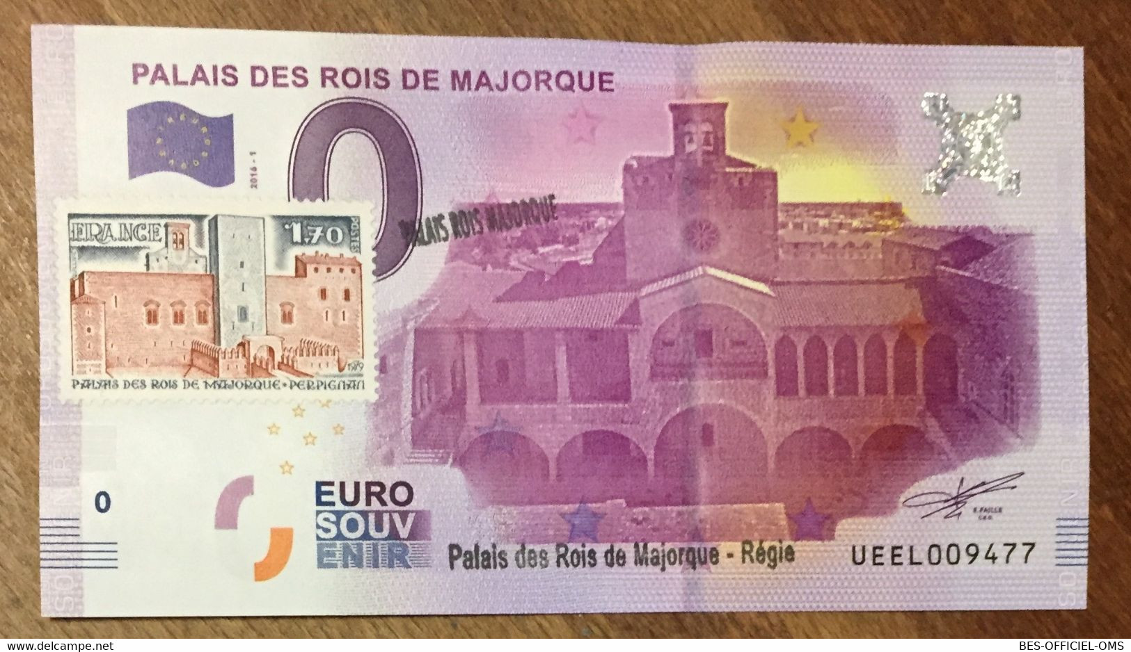 2016 BILLET 0 EURO SOUVENIR DPT 66 PALAIS DES ROIS DE MAJORQUE + TIMBRE ZERO 0 EURO SCHEIN BANKNOTE PAPER MONEY - Privatentwürfe