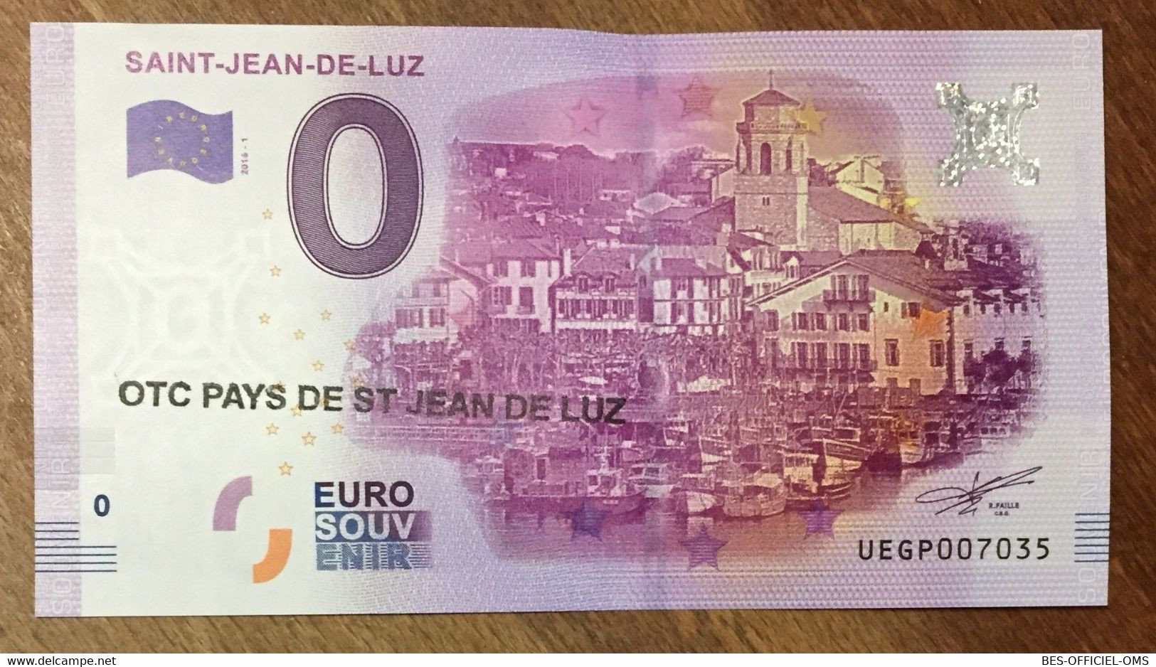 2016 BILLET 0 EURO SOUVENIR DPT 64 SAINT-JEAN-DE-LUZ + TAMPON ZERO 0 EURO SCHEIN BANKNOTE PAPER MONEY - Essais Privés / Non-officiels