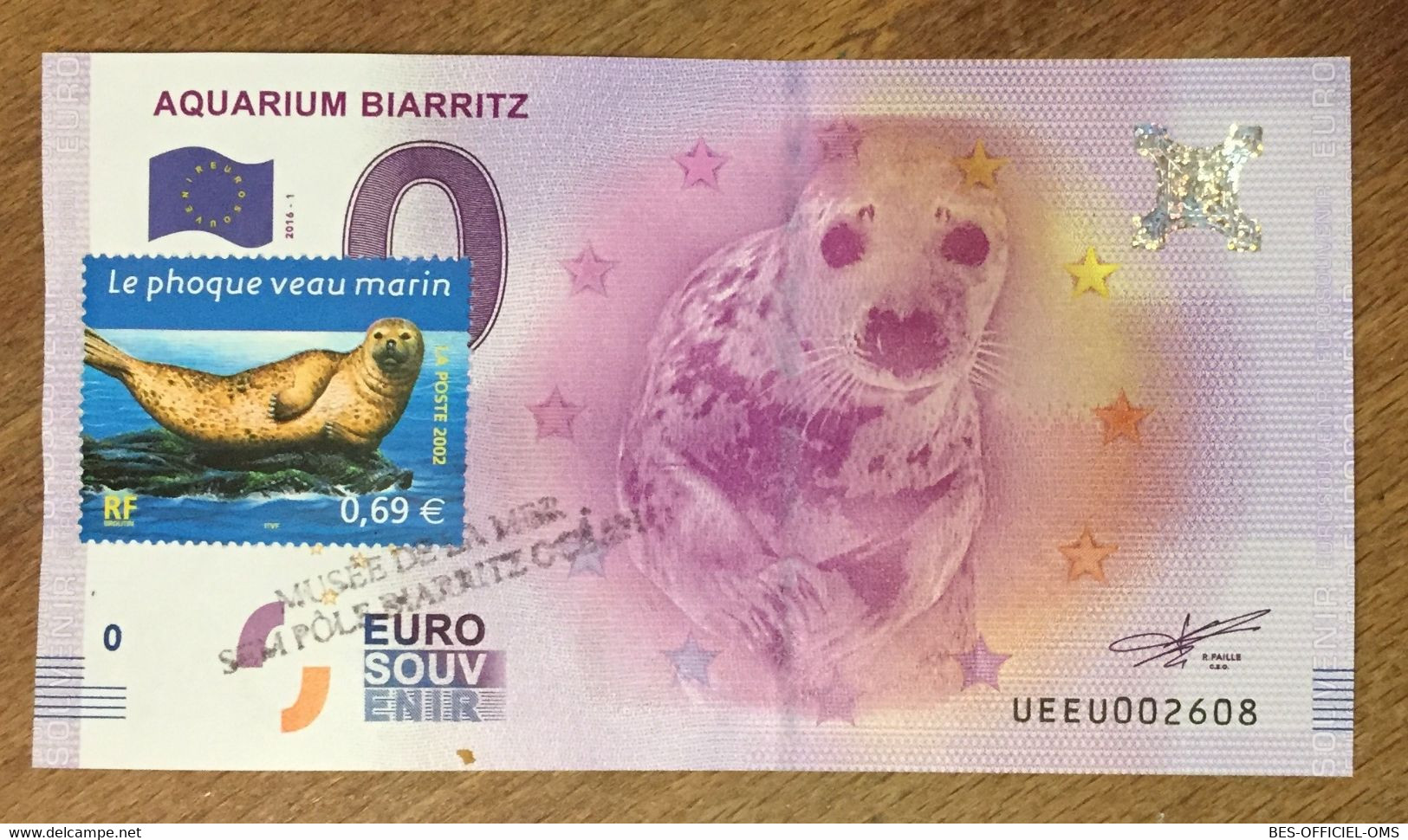 2016 BILLET 0 EURO SOUVENIR DPT 64 AQUARIUM DE BIARRITZ + TIMBRE ZERO 0 EURO SCHEIN BANKNOTE PAPER MONEY - Privatentwürfe
