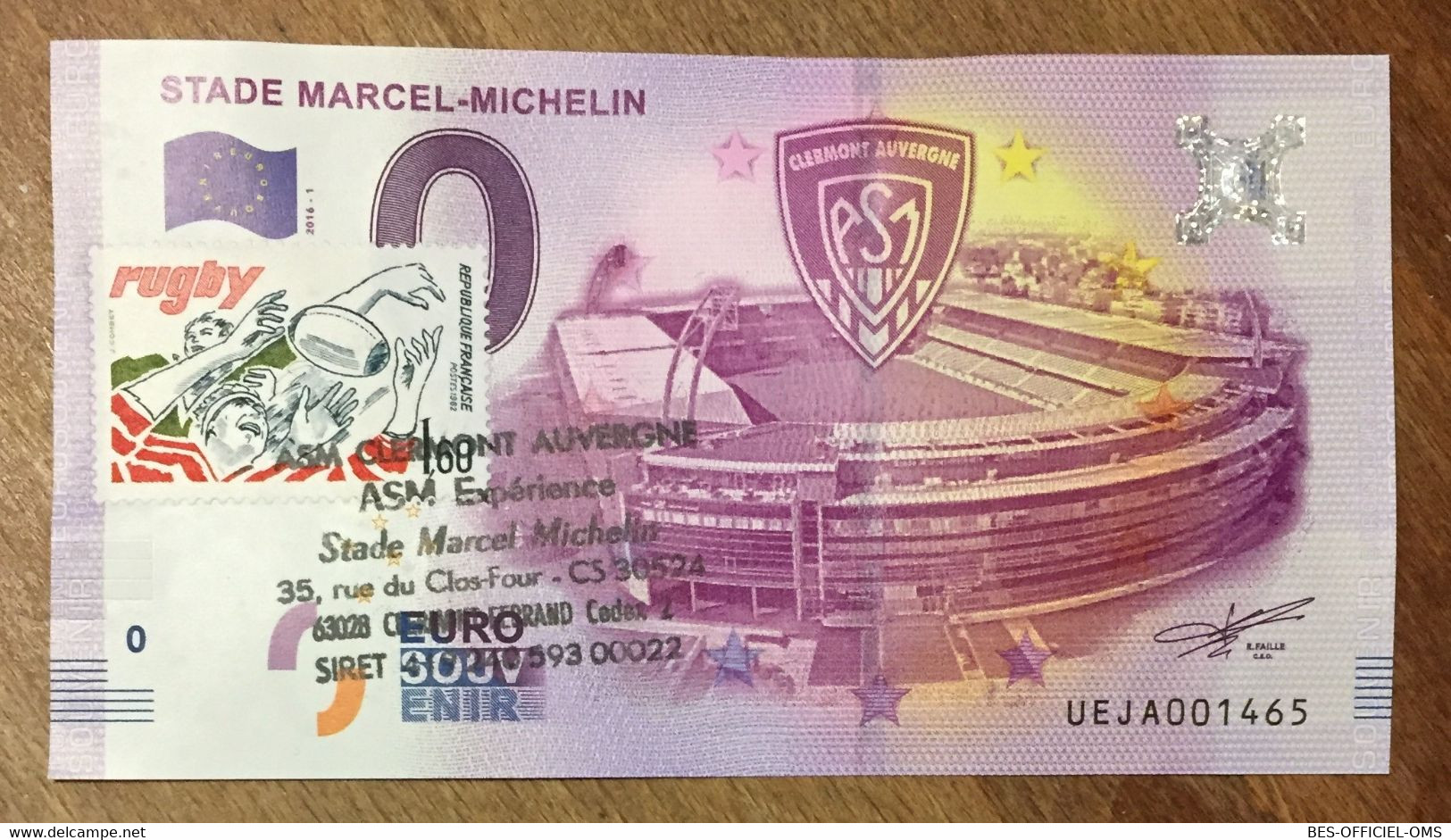 2016 BILLET 0 EURO SOUVENIR DPT 63 STADE MARCEL-MICHELIN + TIMBRE ZERO 0 EURO SCHEIN BANKNOTE PAPER MONEY - Essais Privés / Non-officiels