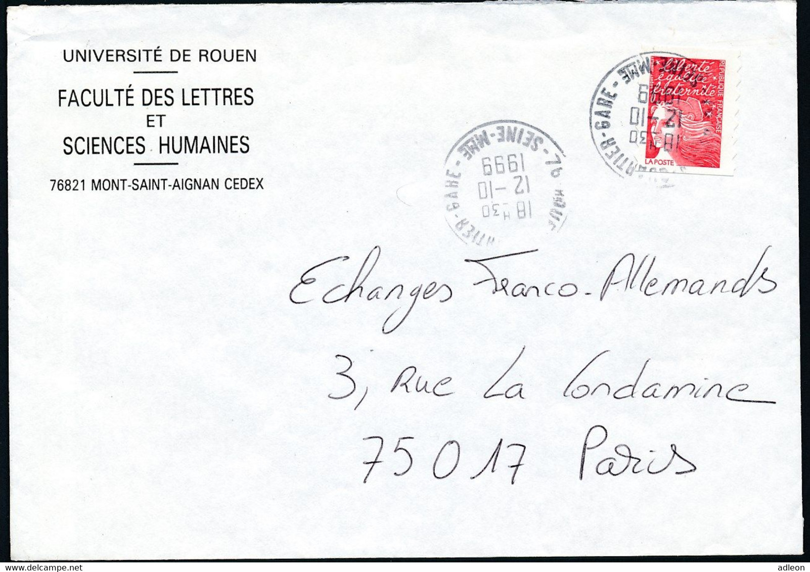 France - Timbre Adhésif YT A15 Seul Sur Lettre UNIVERSITE ROUEN Oblitération Manuelle - Lettres & Documents