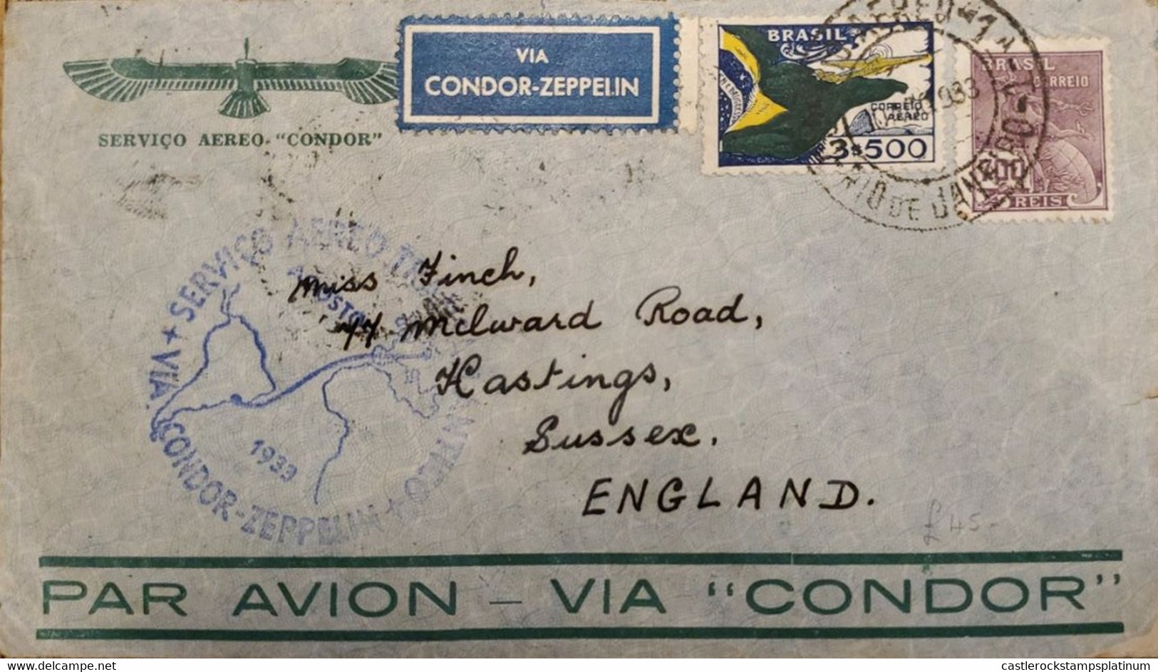 A) 1933, BRAZIL, SHIPPED TO ENGLAND, VIA CONDOR ZEPPELIN, SEAL COMMERCE AND AIR MAIL - Andere & Zonder Classificatie