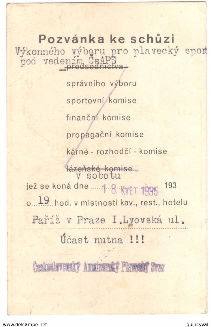 PRAHA 13 Registred Postcard Cancel 15 5 1935  Ceskoslovensky Amateursky Plavecky Svaz V Praze - Covers & Documents