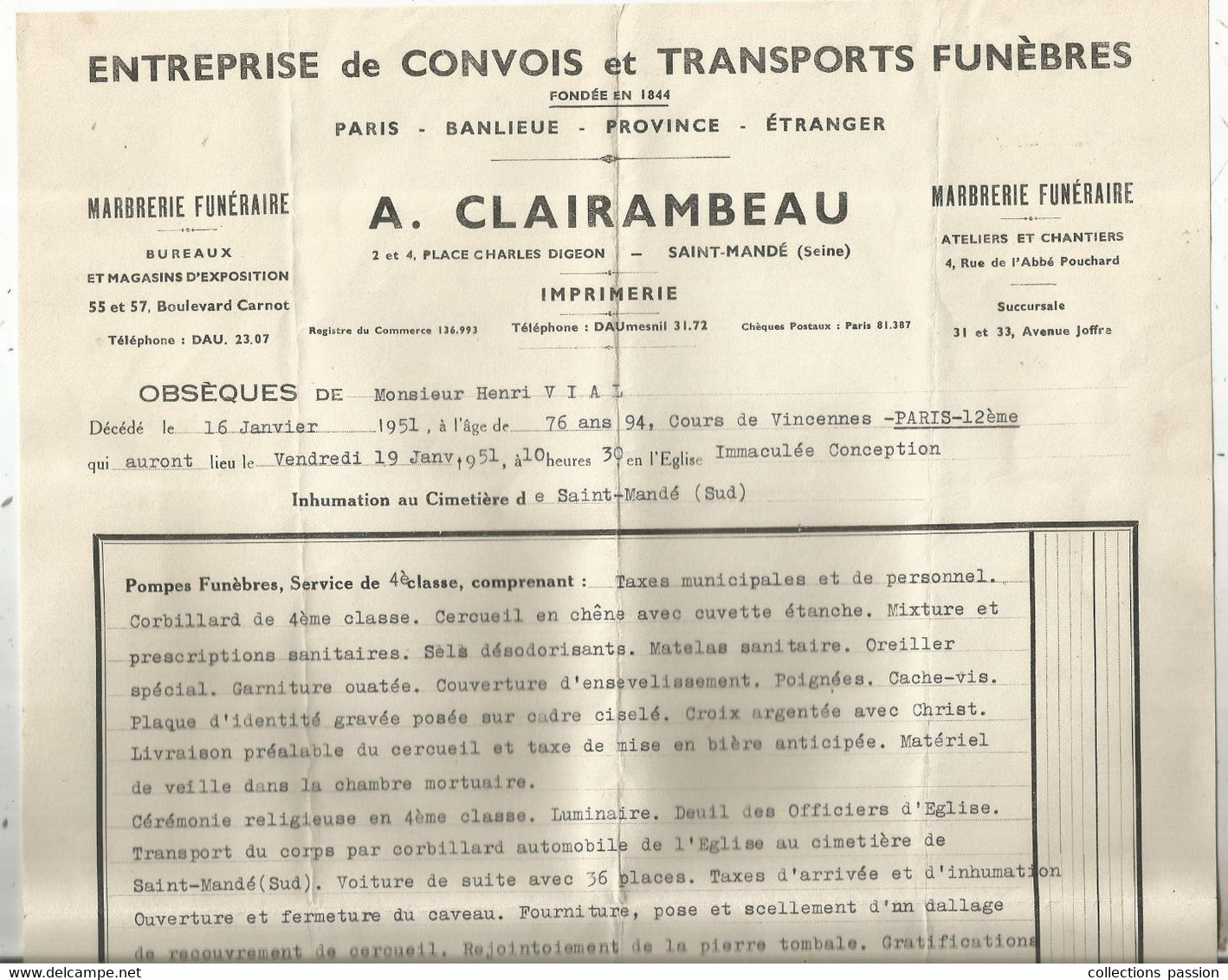 Facture De Pompes Funèbres , Service De 4 E Classe, A. Clairambeau , Saint Mandé , Seine ,1951,timbrée , Frais Fr 2.15 E - 1950 - ...