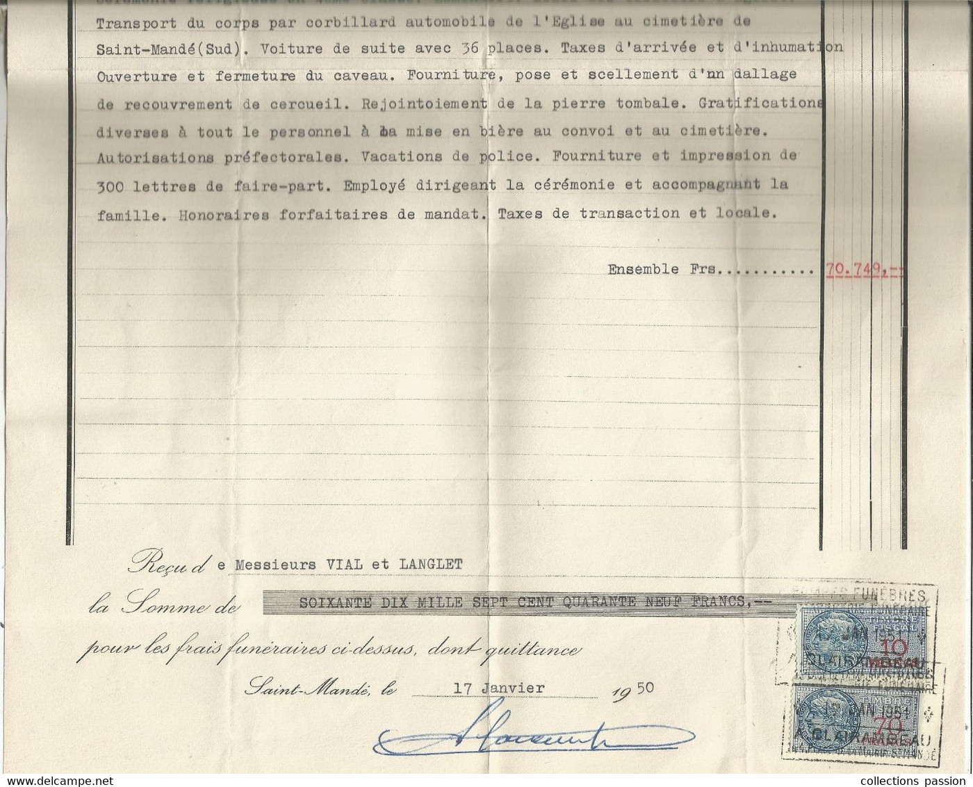 Facture De Pompes Funèbres , Service De 4 E Classe, A. Clairambeau , Saint Mandé , Seine ,1951,timbrée , Frais Fr 2.15 E - 1950 - ...