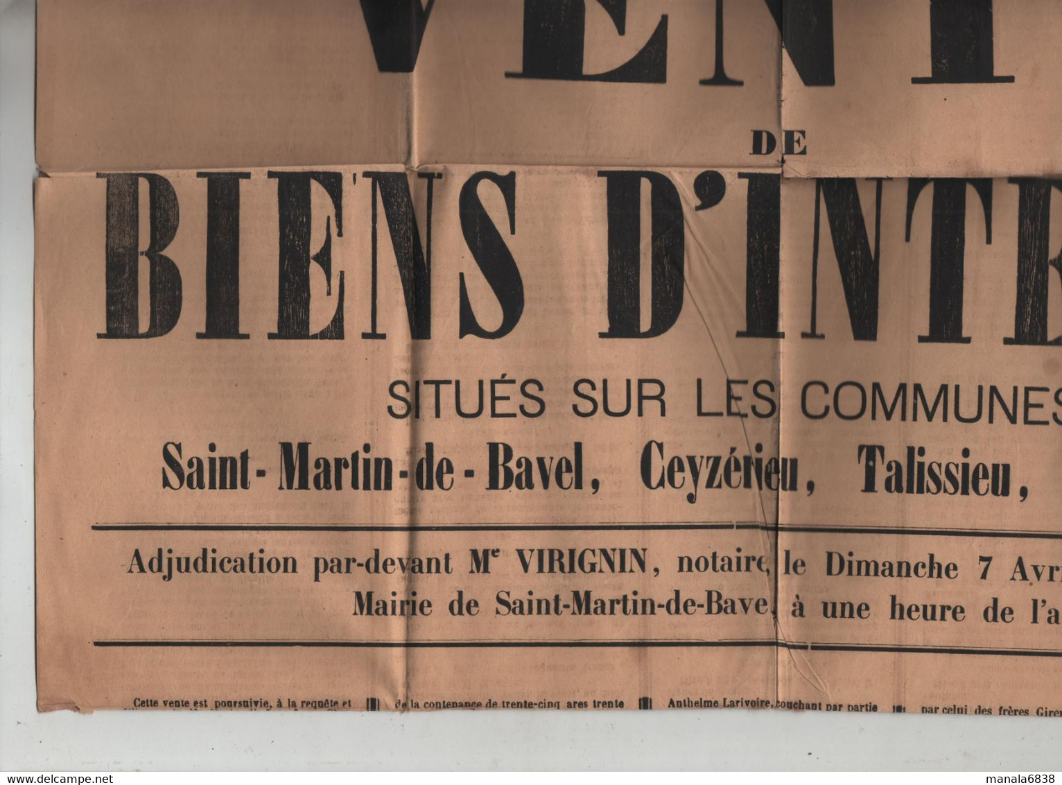 Vente De Biens D'interdit Saint Martin De Bavel Ceyzérieu Talissieu Cusieu Béon 1878 Dubié  Virignin Notaires Belley - Afiches