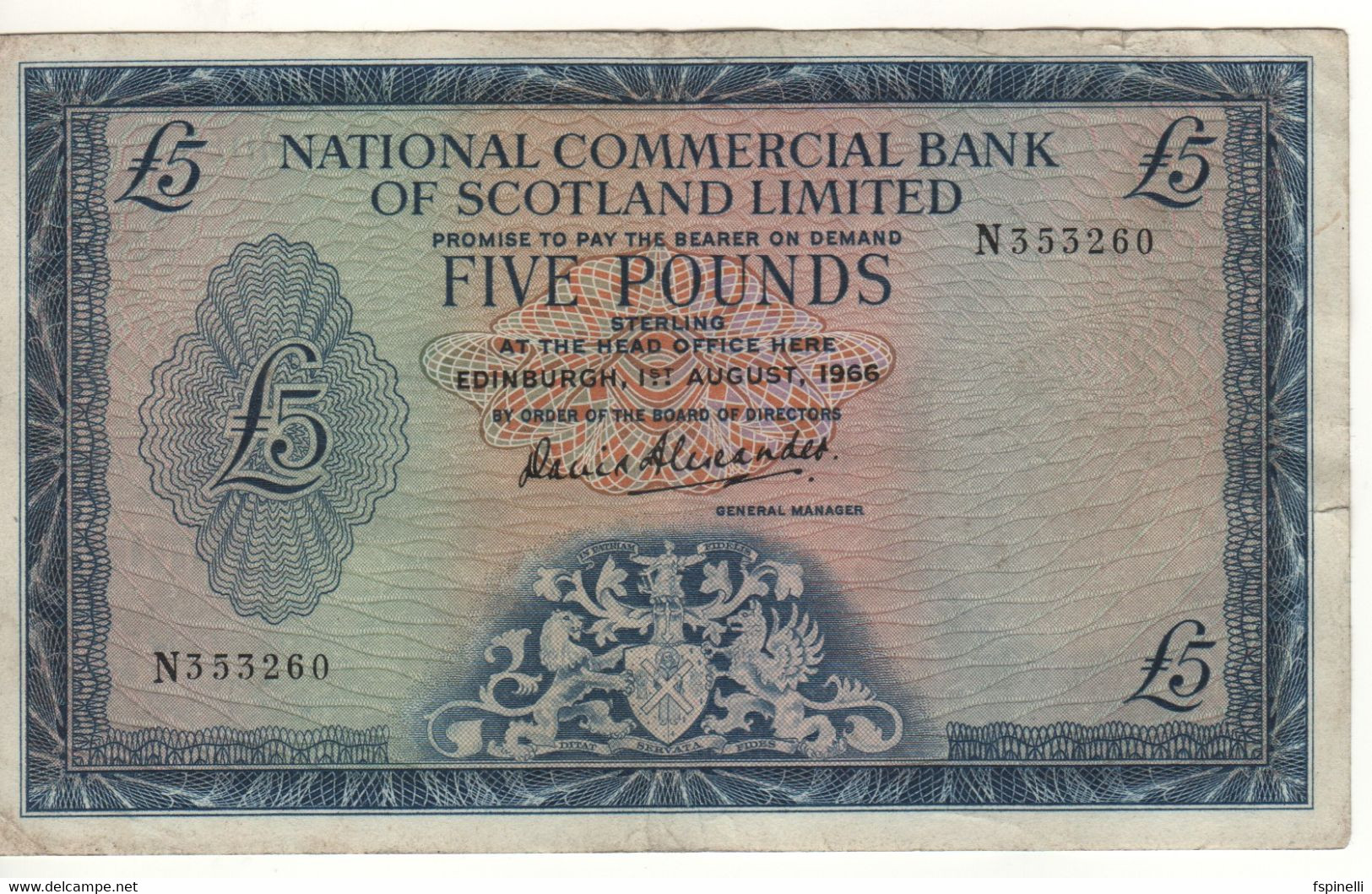 SCOTLAND  5 Pounds  National Commercial Bank Of Scotland Ltd.    P272a  Dated 1st August, 1966, - 5 Pounds